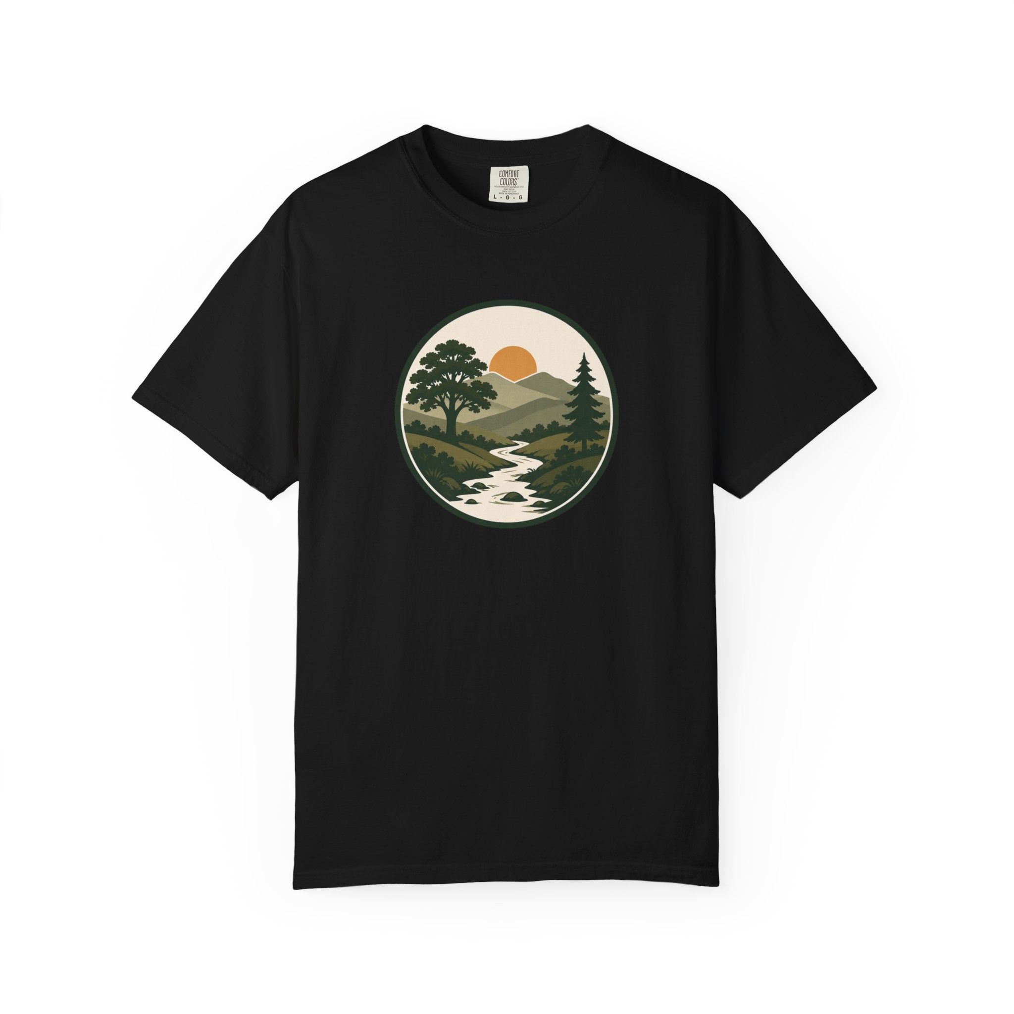 Simple Goodness Badge T-Shirt — Scenic Mountain Sunset River Design