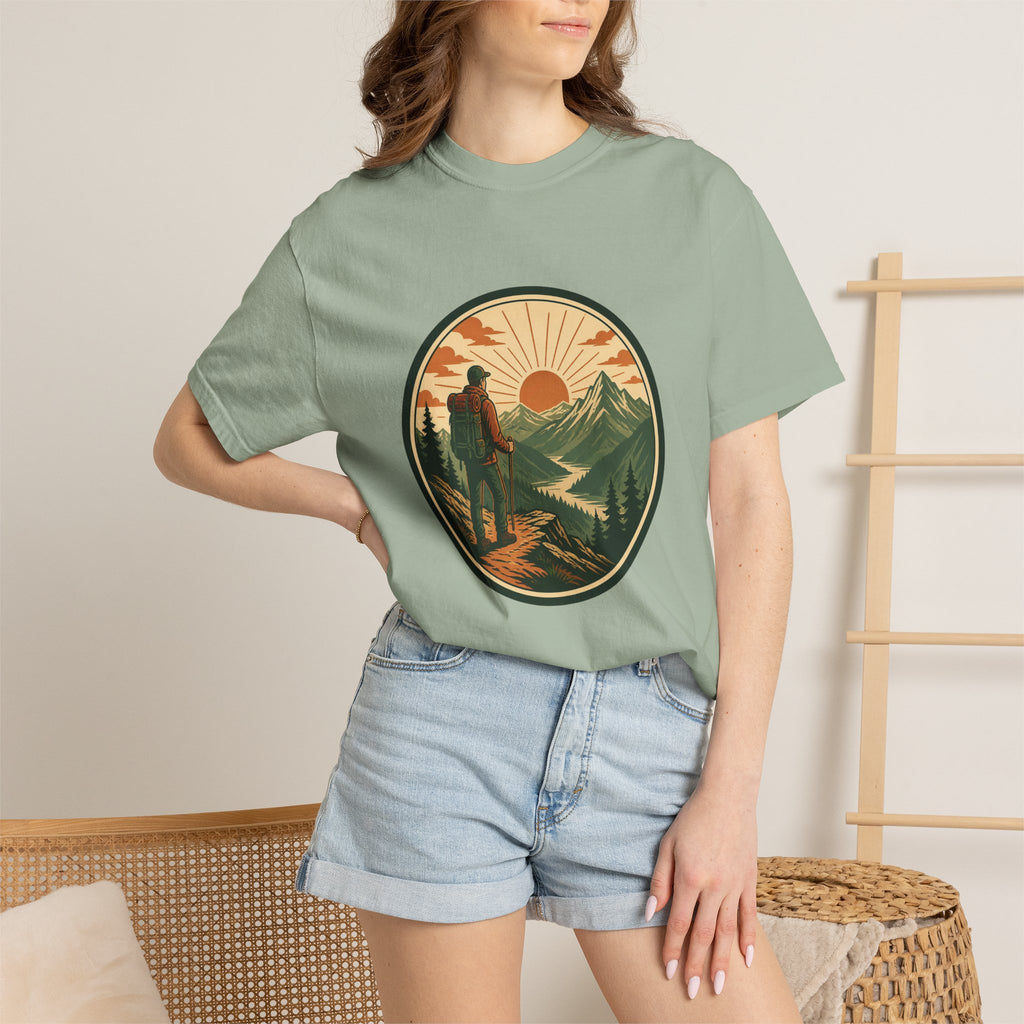 Hiker Sunset Graphic T-Shirt — Mountain Adventure Outdoor Tee