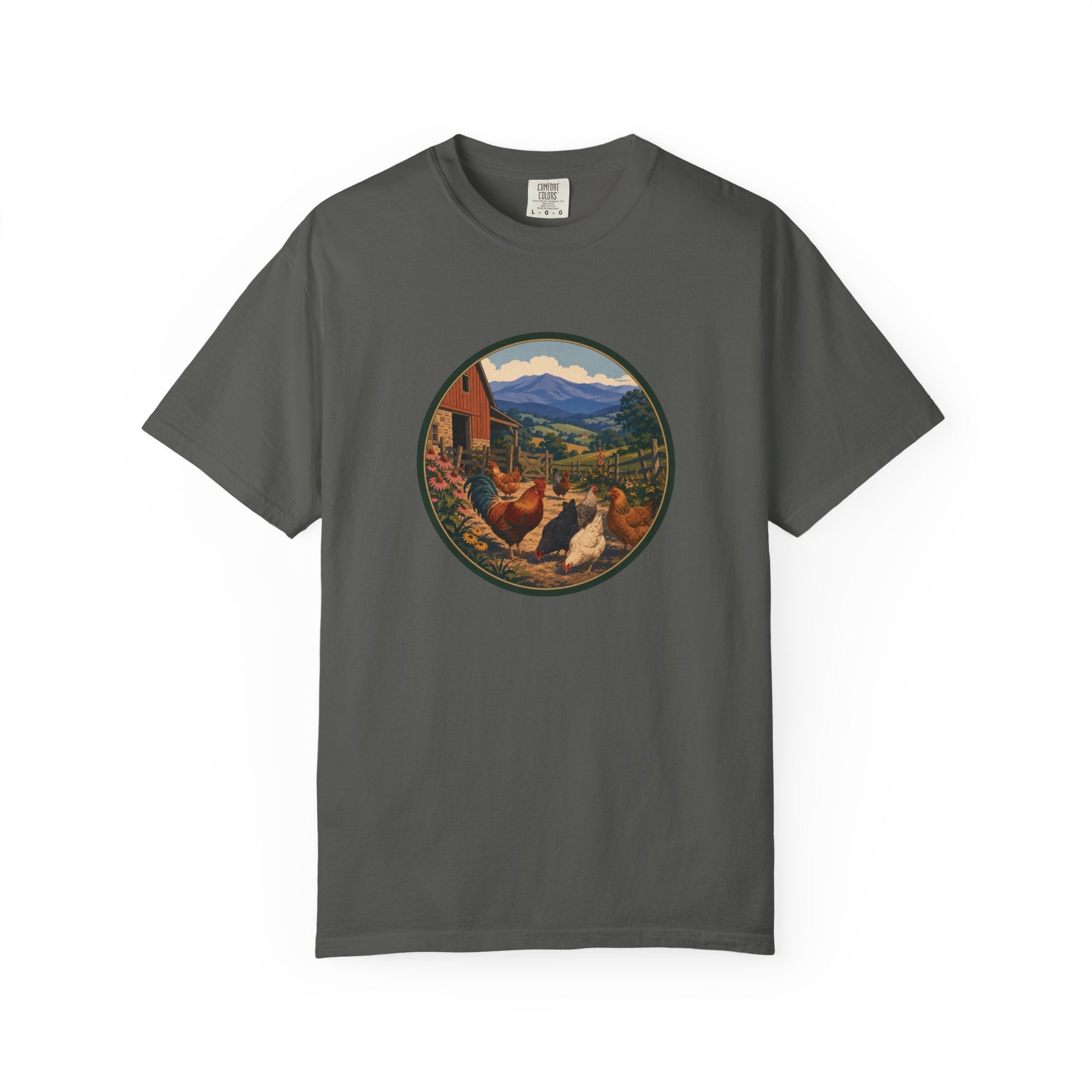 Chicken Farm Vintage Tee — Pastoral Hen Scene T-Shirt