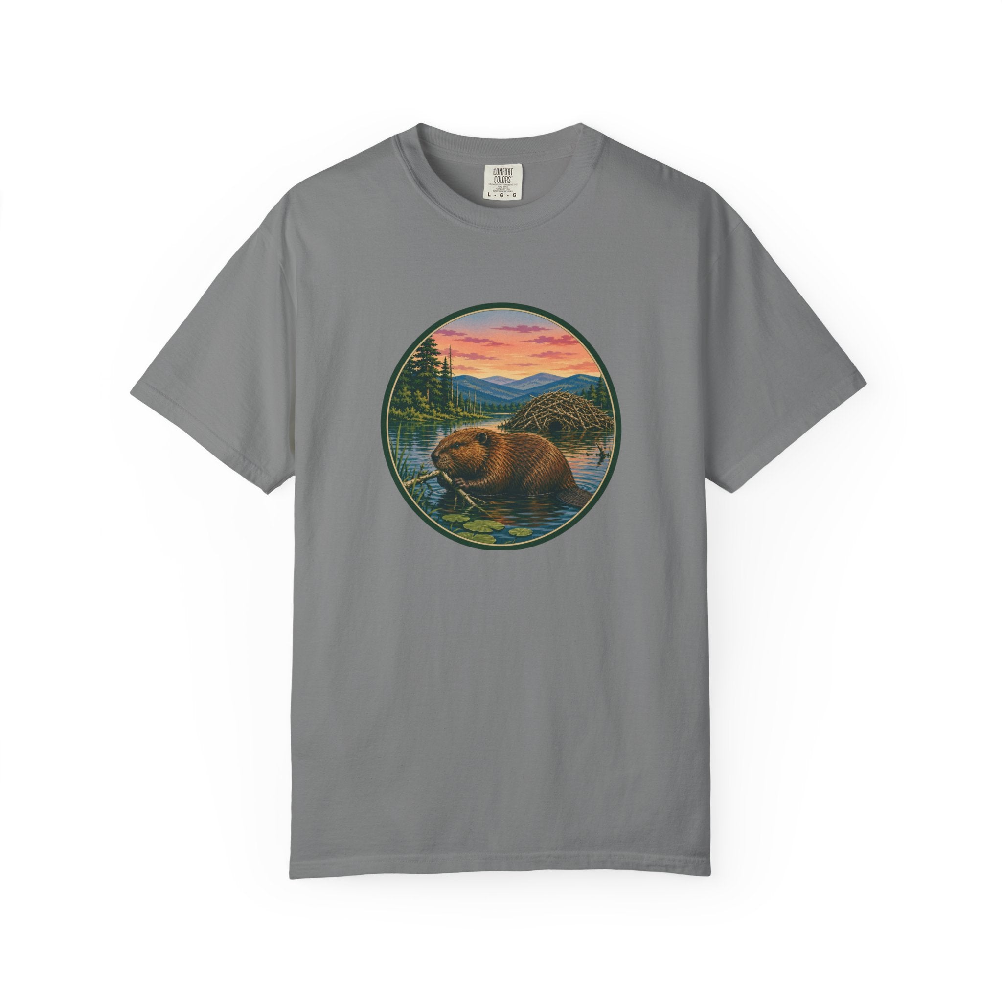 Beaver Sunset T-Shirt — Mountain Lake Wildlife Graphic Tee