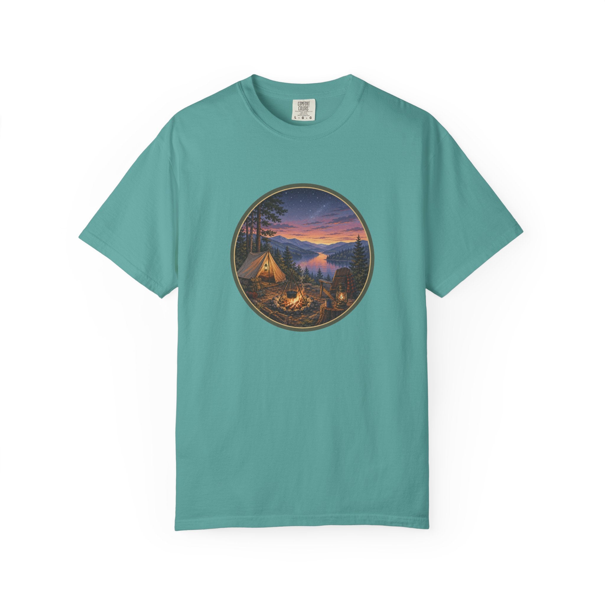Camping Sunset T-Shirt — Riverside Campfire Night Scene