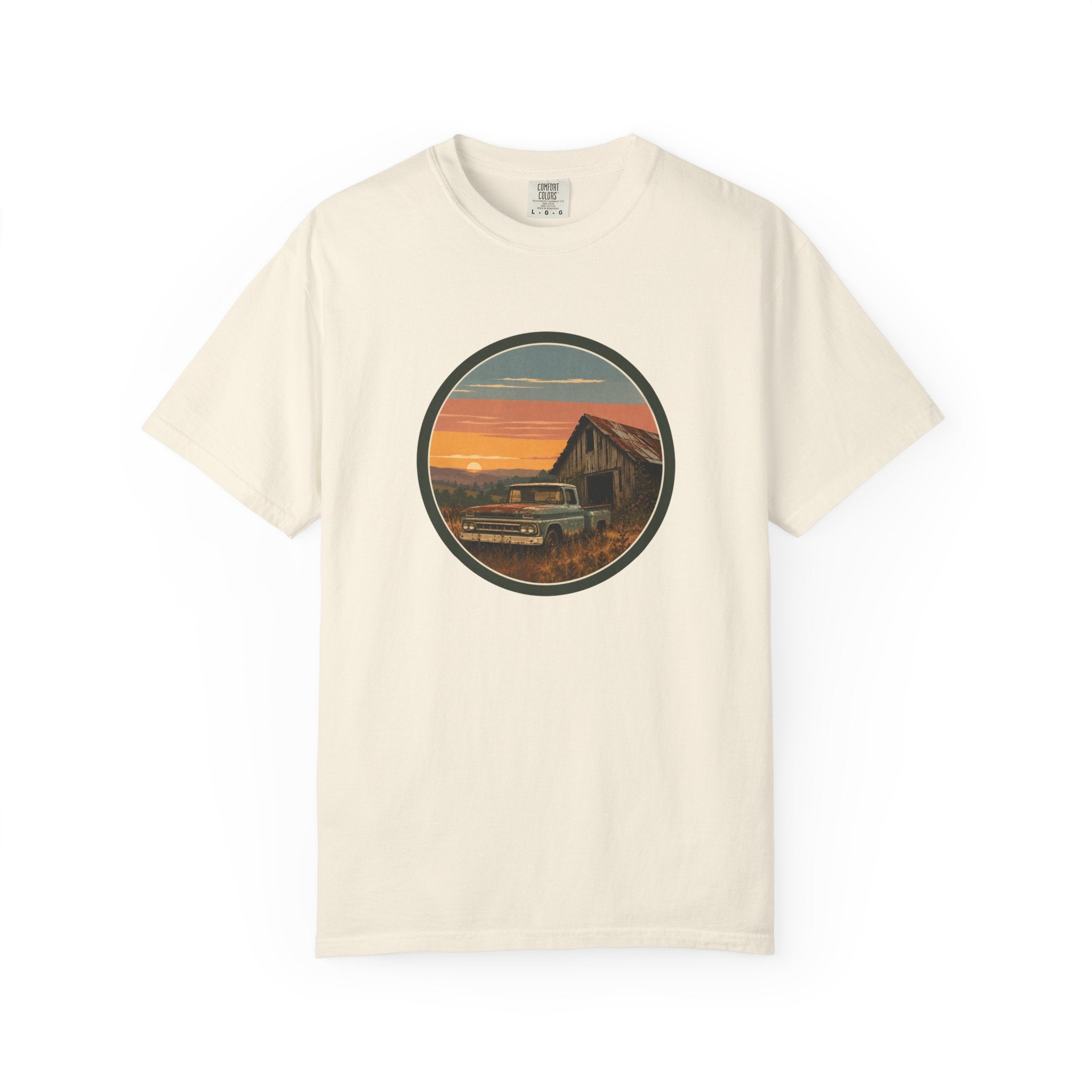 Vintage Sunset Barn T-Shirt — Retro Truck Farm Scene
