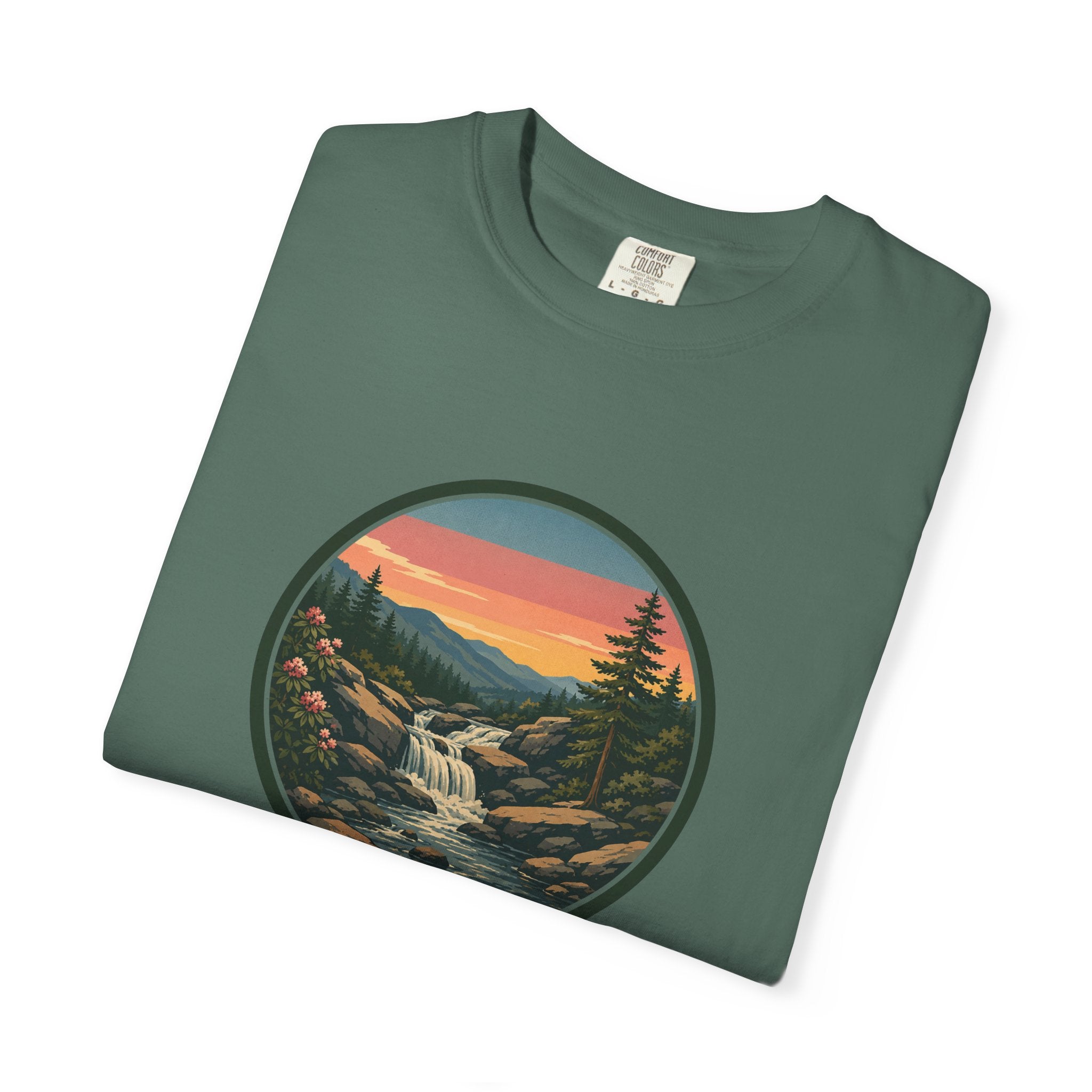 Scenic Waterfall T‑Shirt — Sunset Wilderness Nature Graphic