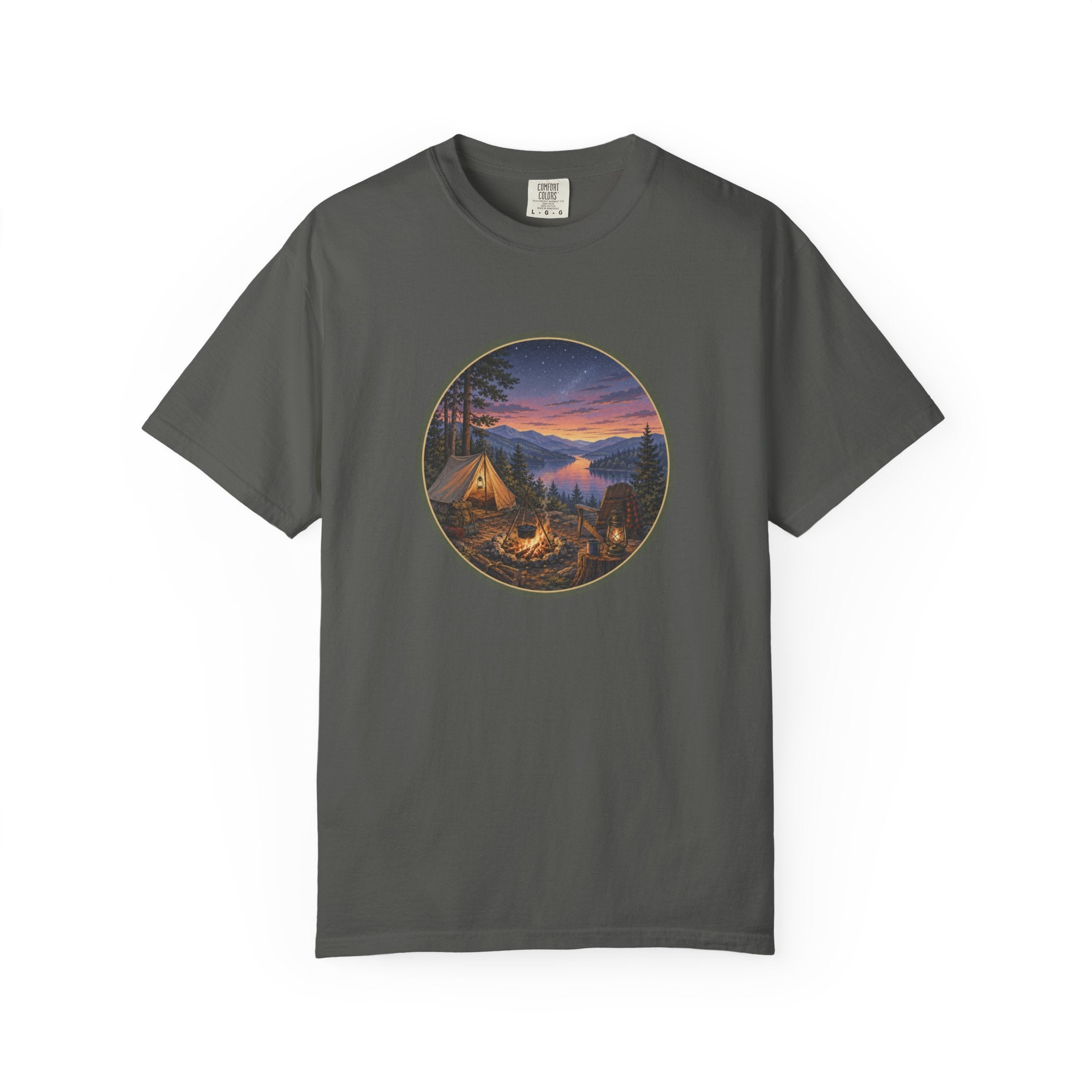Camping Sunset T-Shirt — Riverside Campfire Night Scene