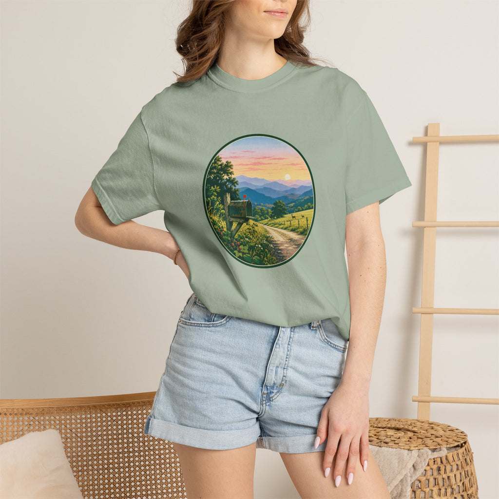 Scenic Backroad Sunset T-Shirt — Vintage Mailbox Circle Landscape Tee