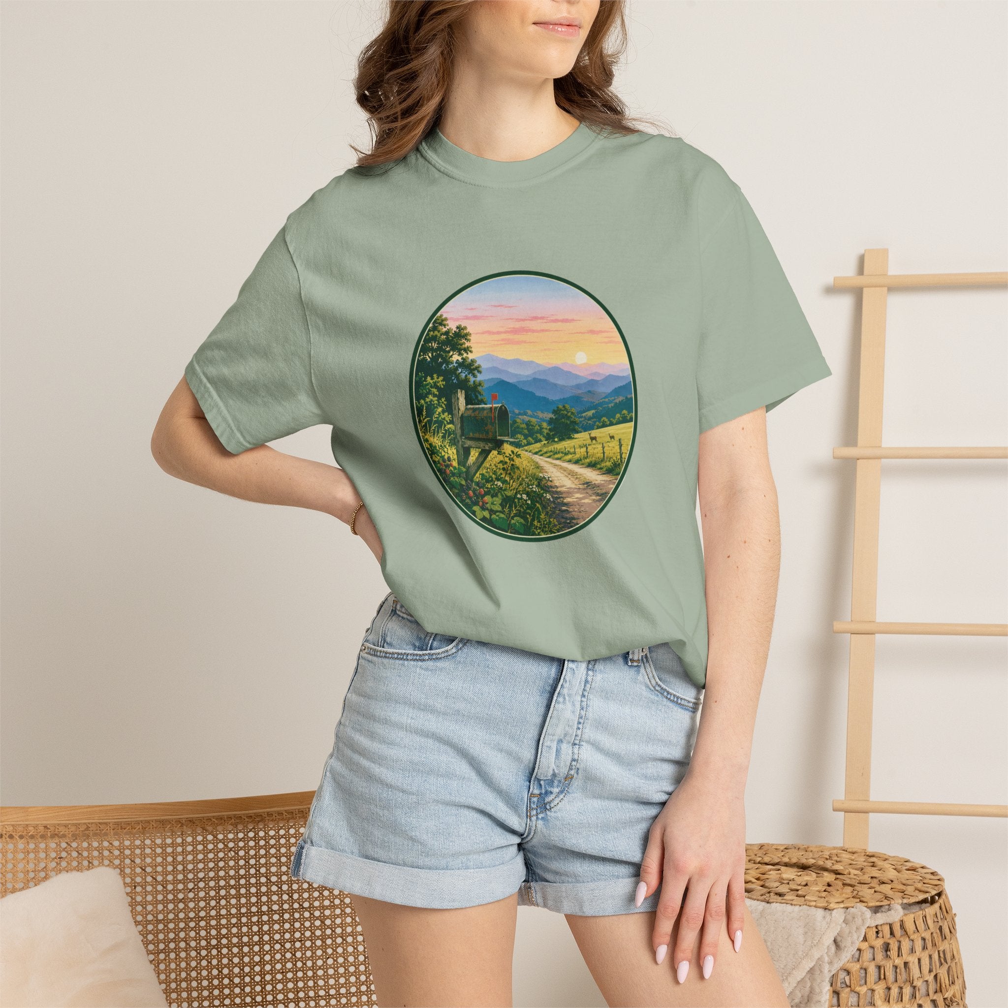 Scenic Backroad Sunset T-Shirt — Vintage Mailbox Circle Landscape Tee