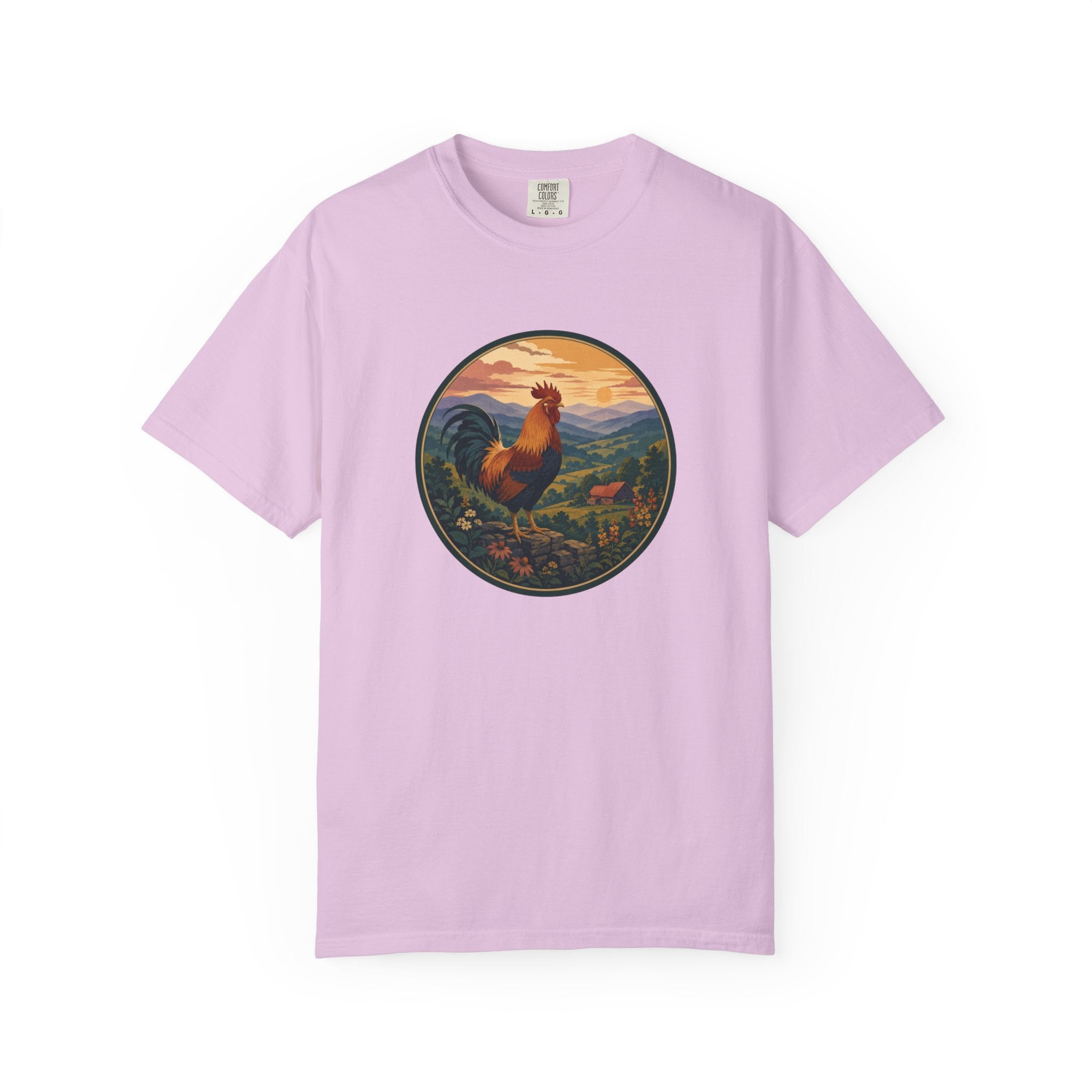 Blue Ridge Rooster Sunrise T-Shirt — Vintage Farm Scene Tee