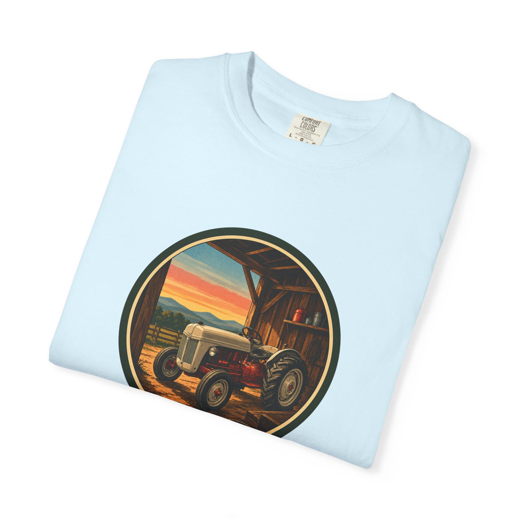 Vintage Tractor Circle T-Shirt — Rustic Farmstead Sunset Tee