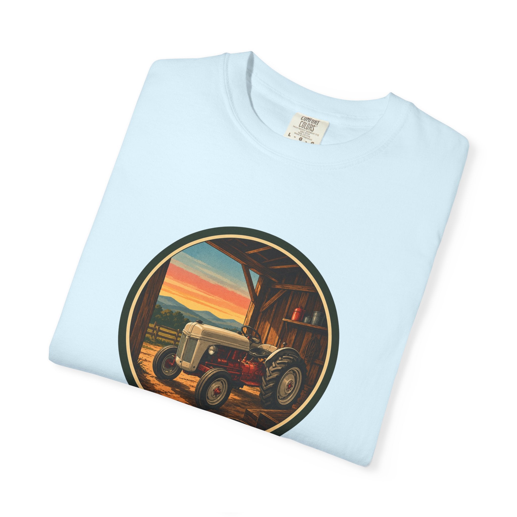 Vintage Tractor Circle T-Shirt — Rustic Farmstead Sunset Tee