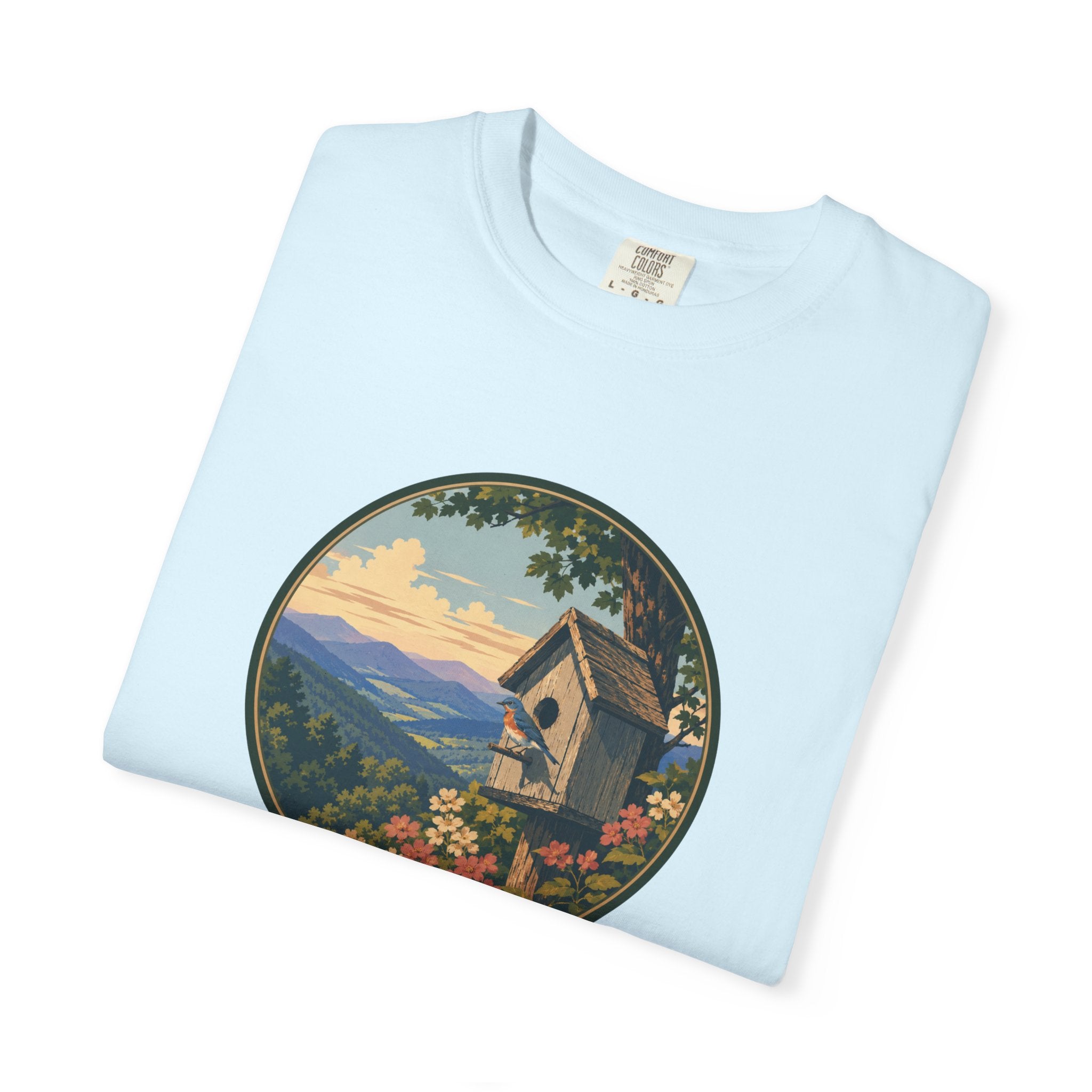 Scenic Birdhouse Tee — Mountain Sunrise Nature T-Shirt