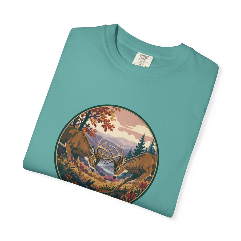 Scenic Wilderness Circle T-Shirt — Mountain Camping & Deer Nature Graphic