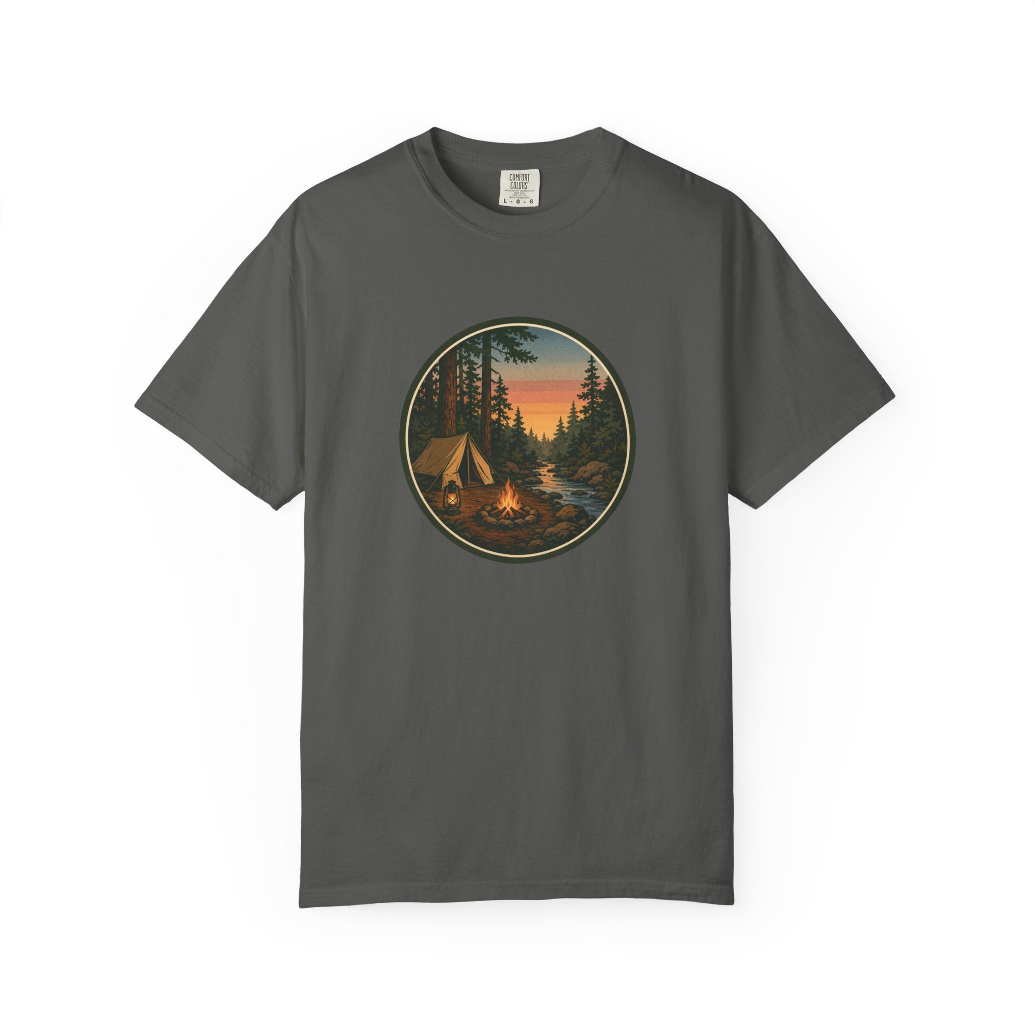 Camping Sunset T-Shirt — Vintage Tent & Campfire Graphic