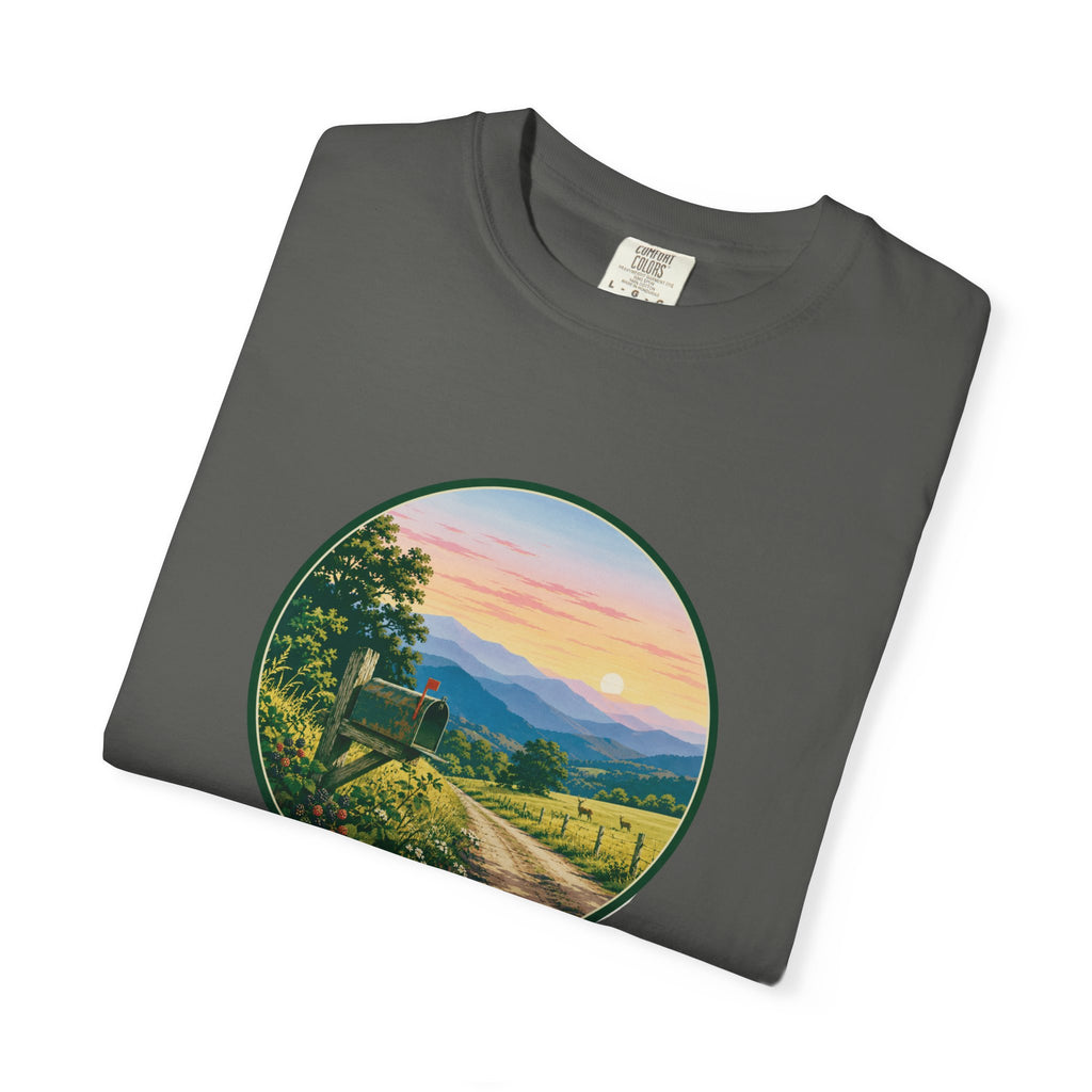 Scenic Backroad Sunset T-Shirt — Vintage Mailbox Circle Landscape Tee