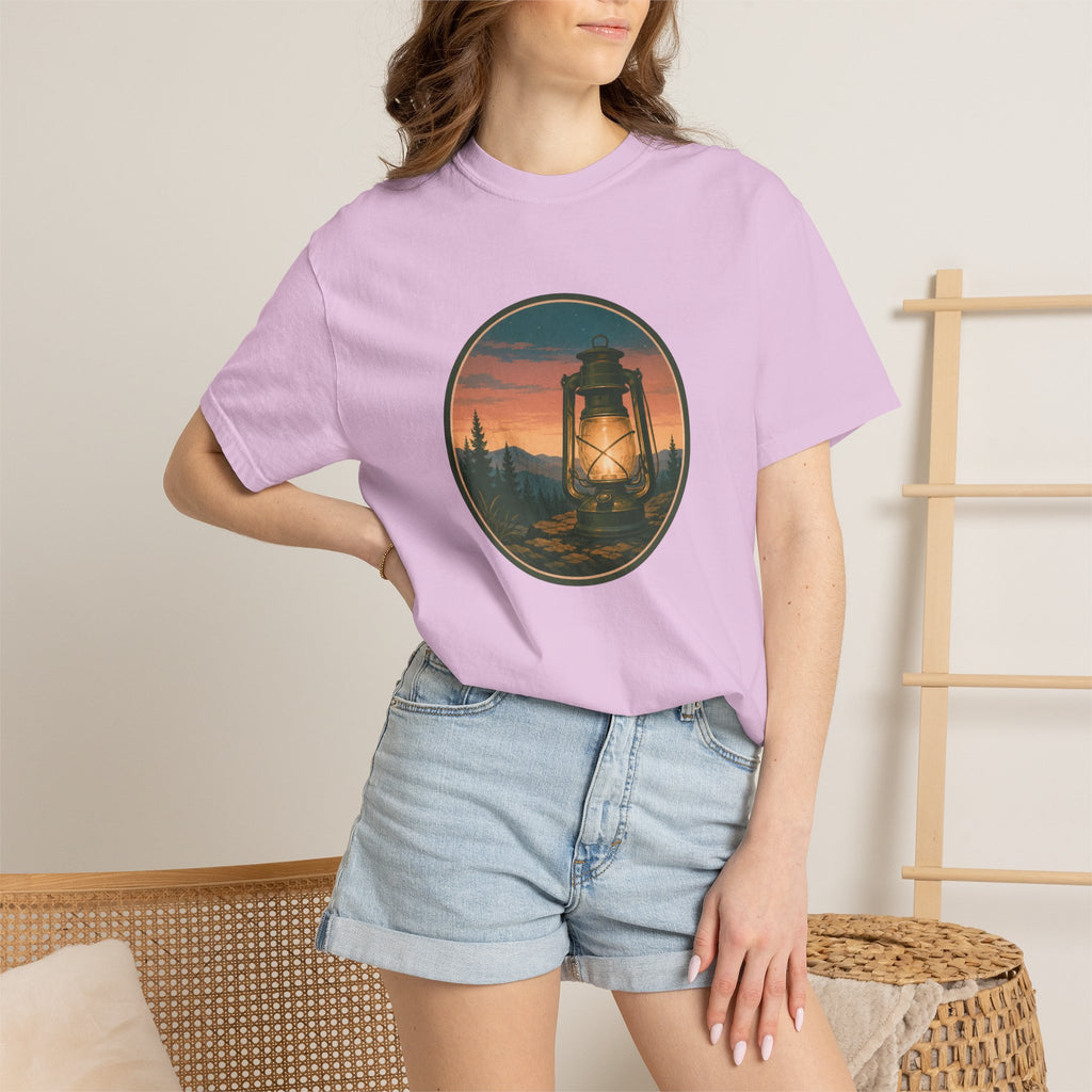 Lantern Sunset T-Shirt — Vintage Campfire Night Graphic Tee