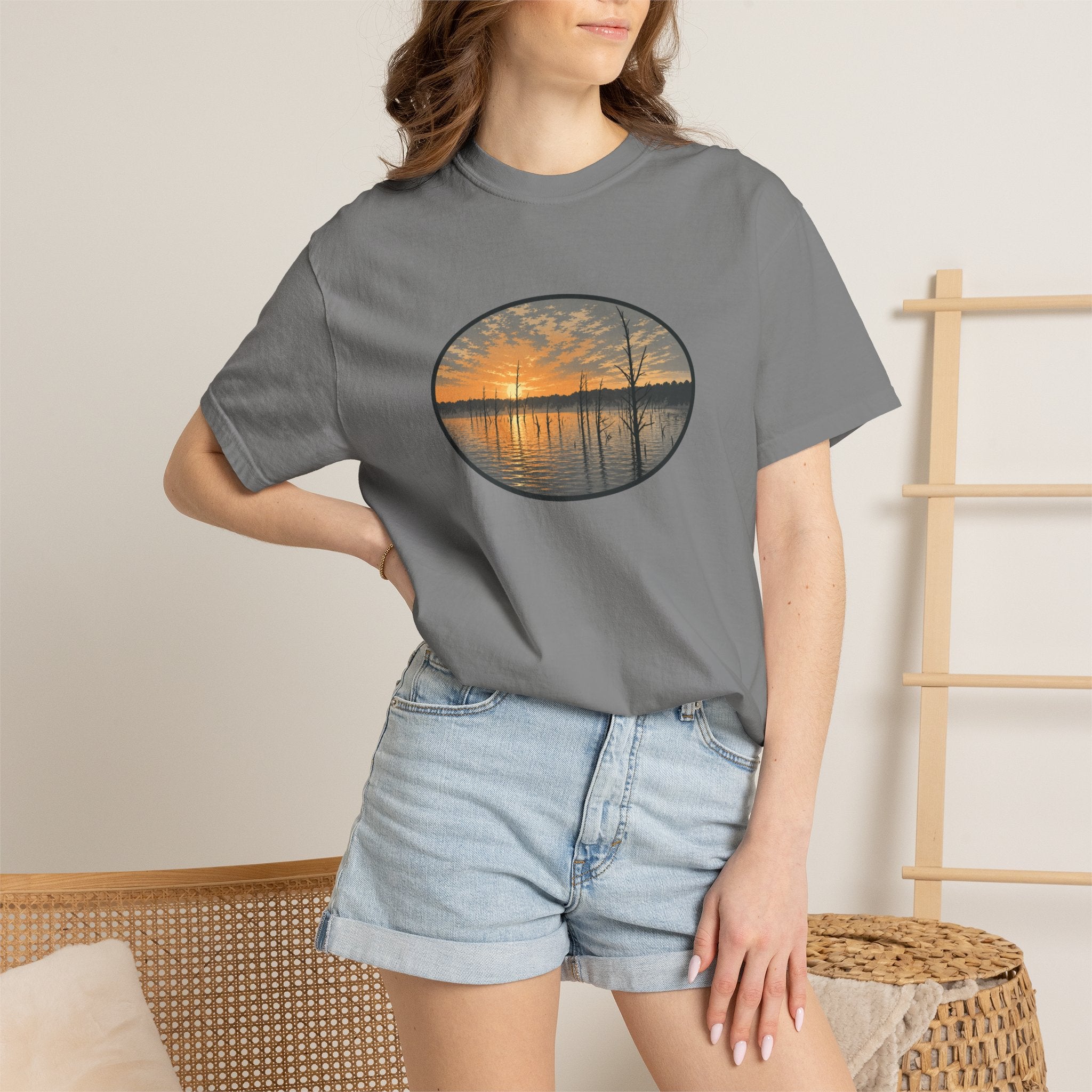 Sunrise Wooded Lake Oval T-Shirt