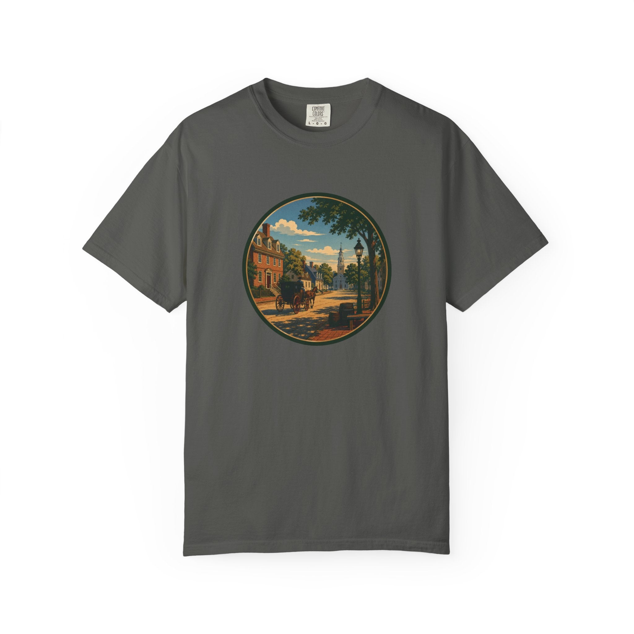 Colonial Carriage Ride T-Shirt — Retro Scenic Circle Print