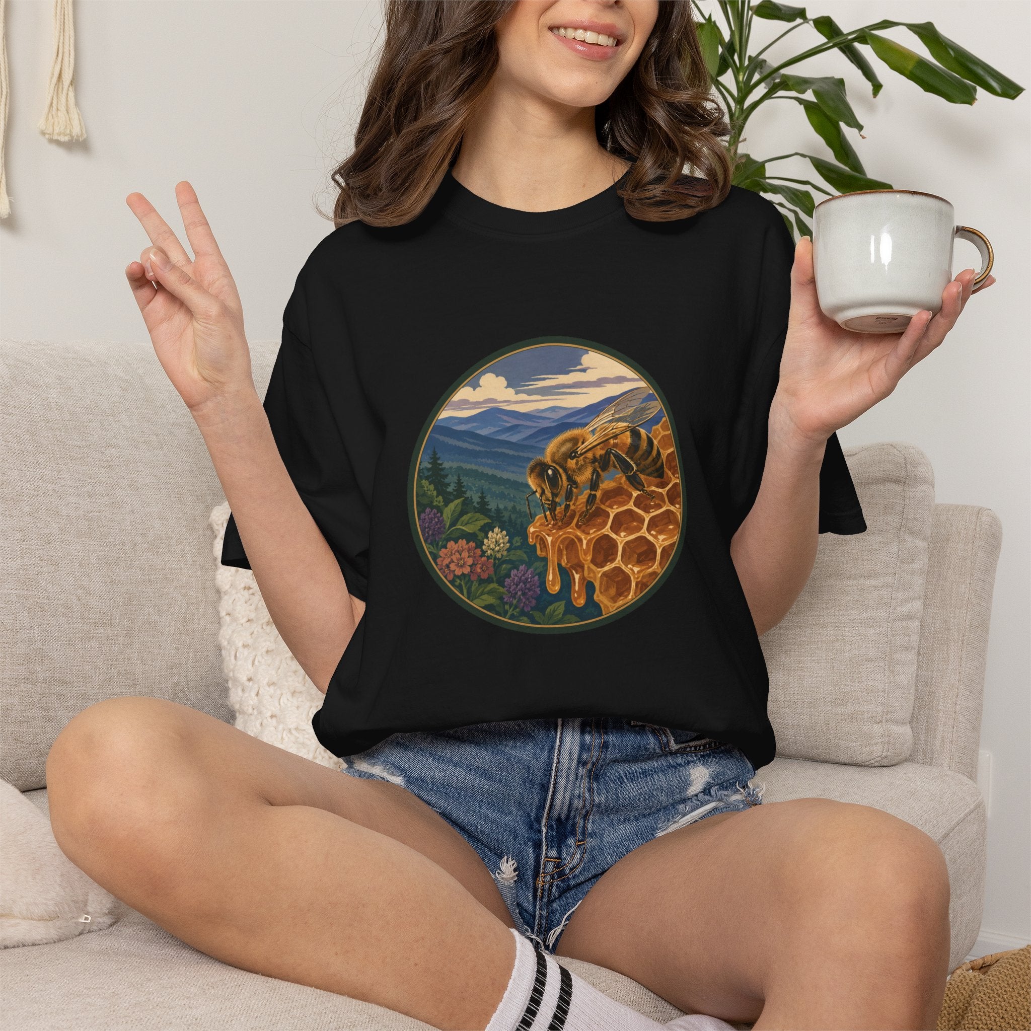 Honey Bee & Mountains Graphic T-Shirt — Honeycomb Nature Illustration