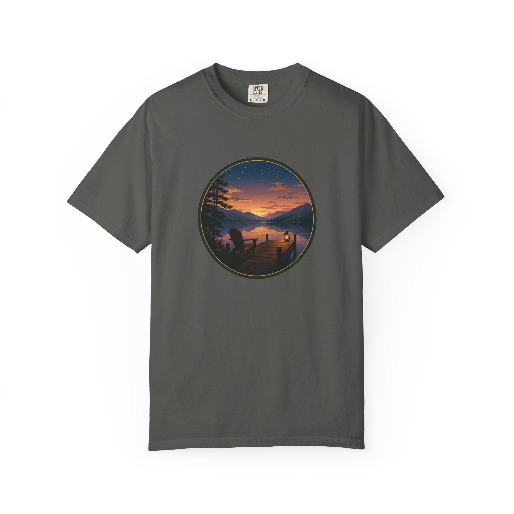 Sunset Lake Camping T-Shirt — Scenic Mountain Lantern Graphic