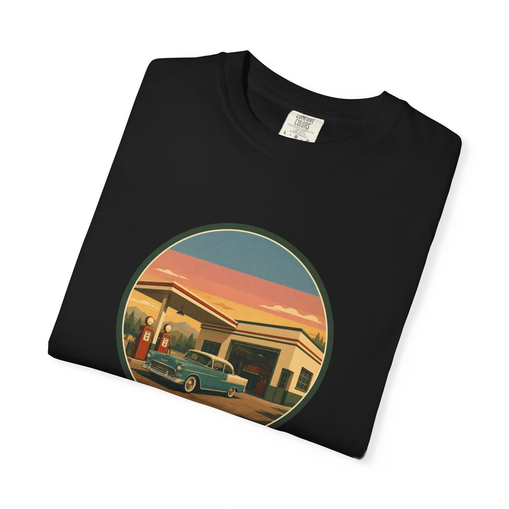 Retro Gas Station T-Shirt — Vintage Sunset Roadside Design