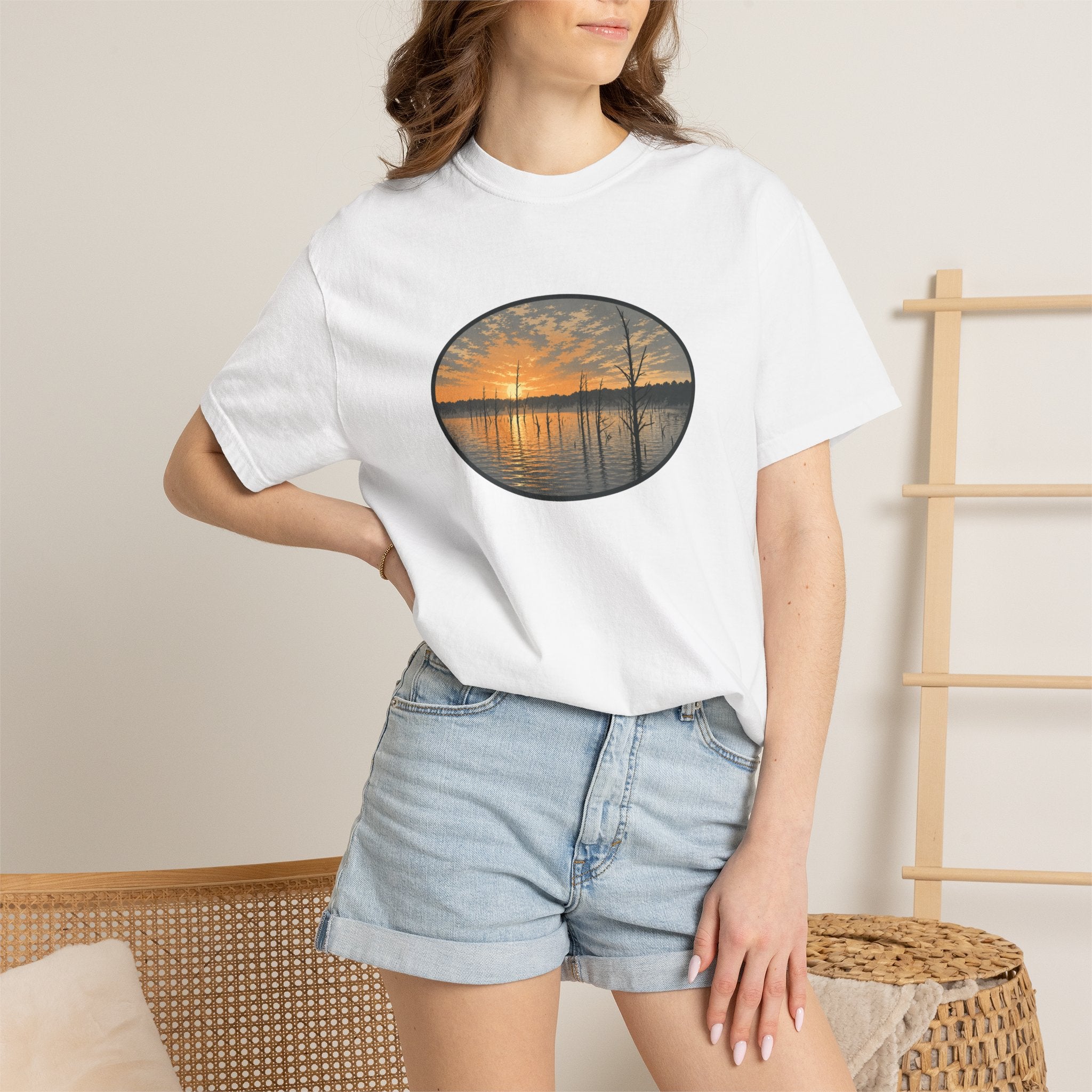 Sunrise Wooded Lake Oval T-Shirt