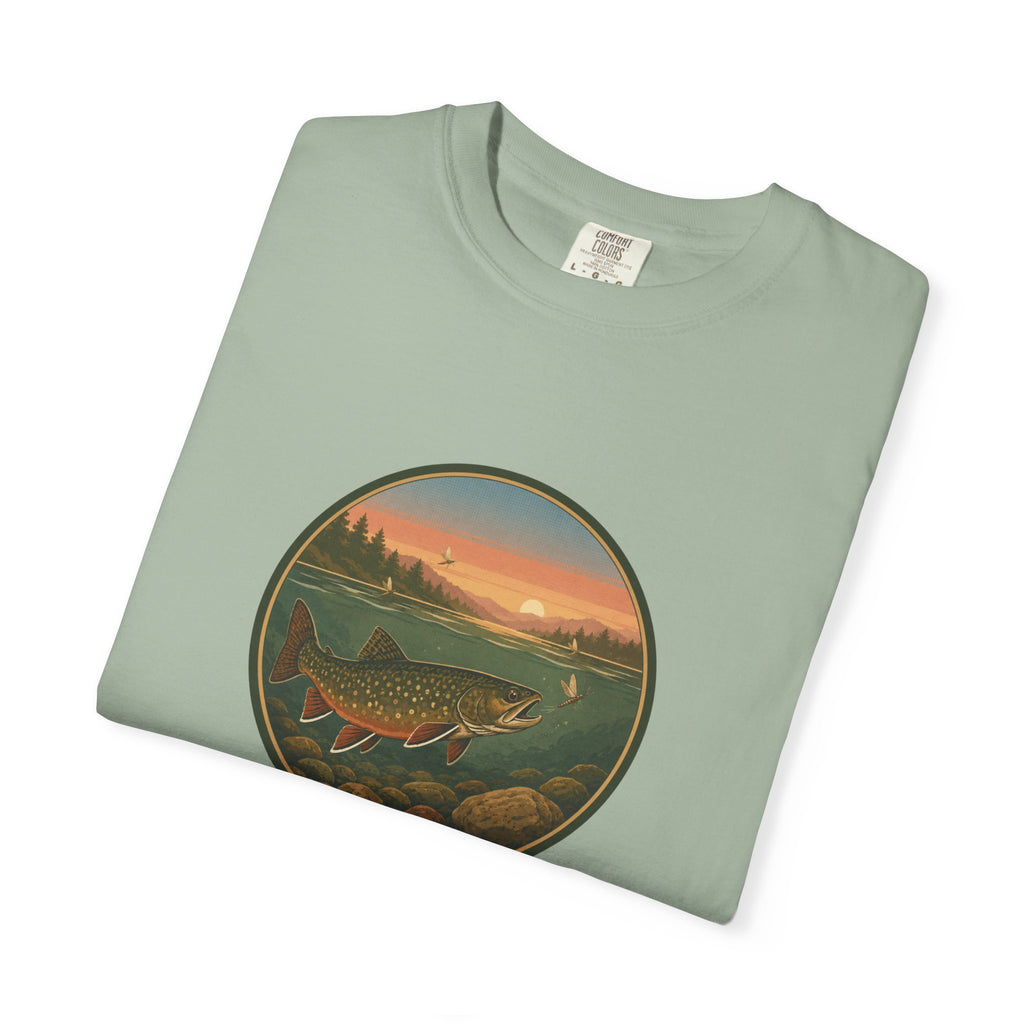 Brook Trout Sunset Fishing T-Shirt — Vintage River Scene Tee