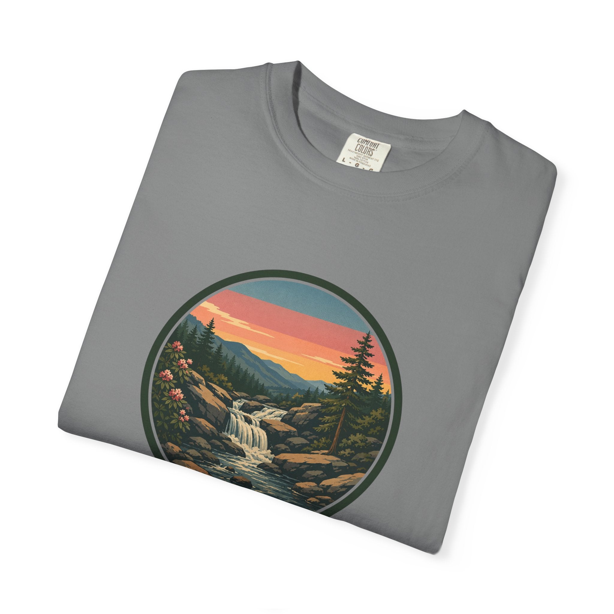 Scenic Waterfall T‑Shirt — Sunset Wilderness Nature Graphic