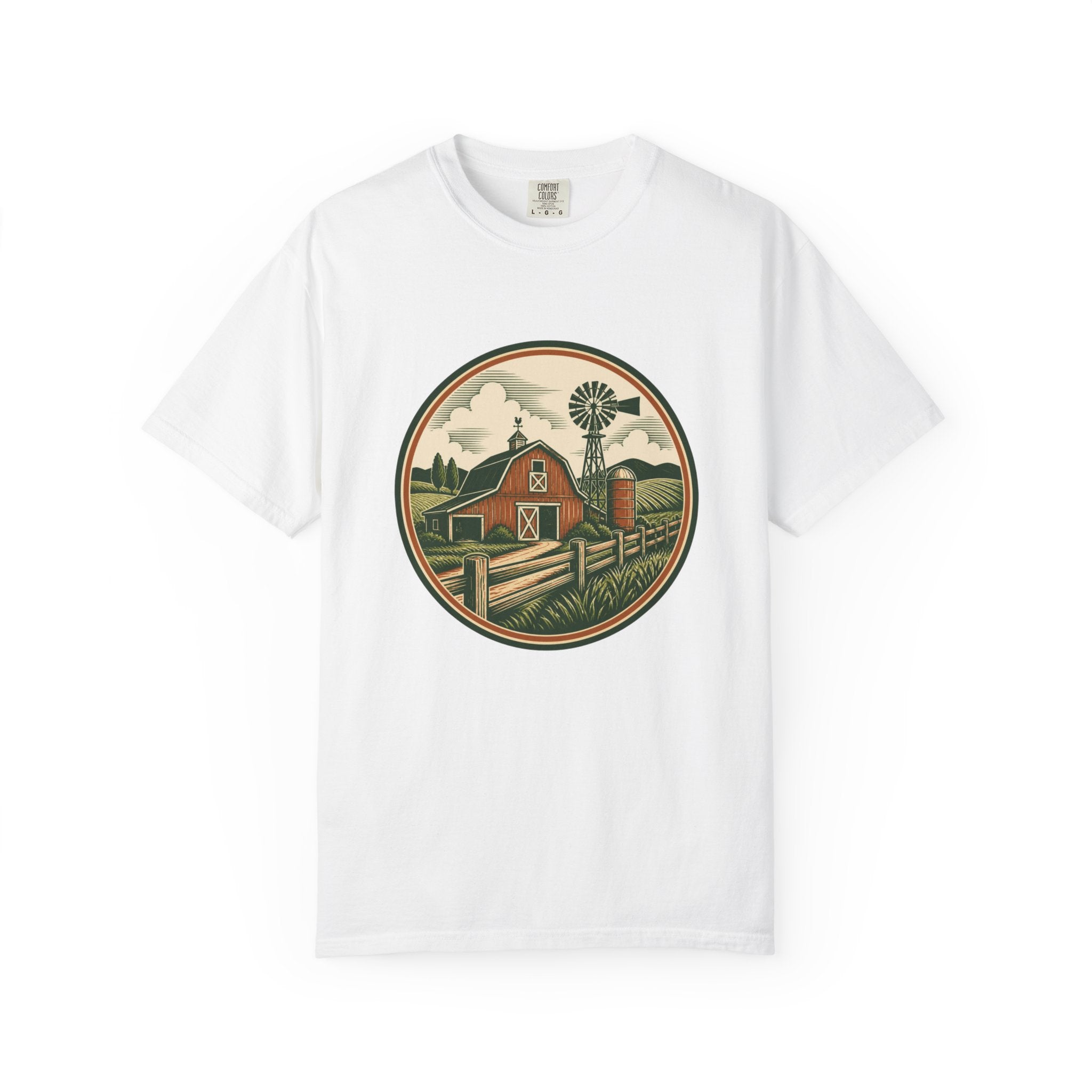 Barn & Windmill Farm T-Shirt — Vintage Rural Landscape Tee