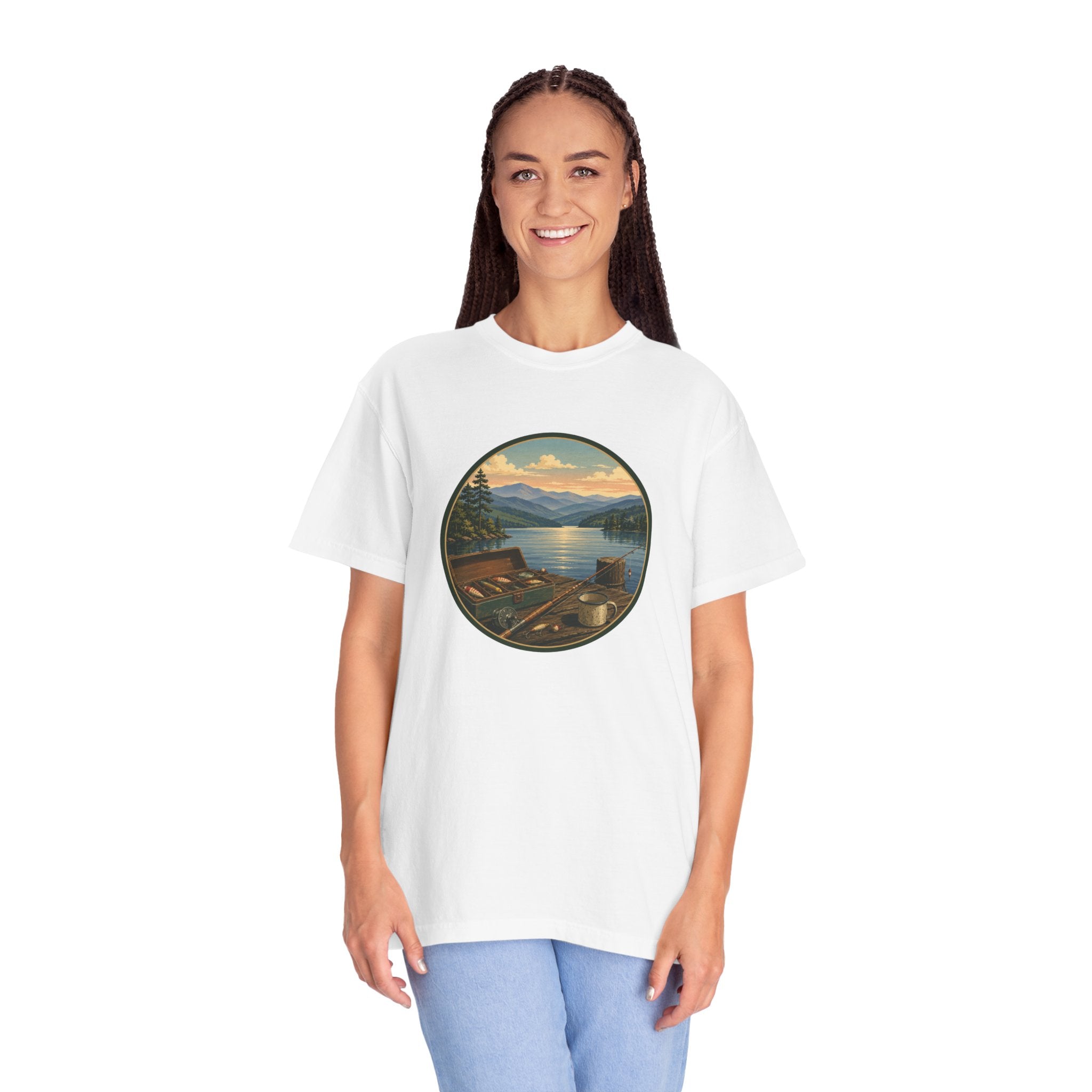 Vintage Fishing Tackle T-Shirt — Mountain View Dock Scene Tee