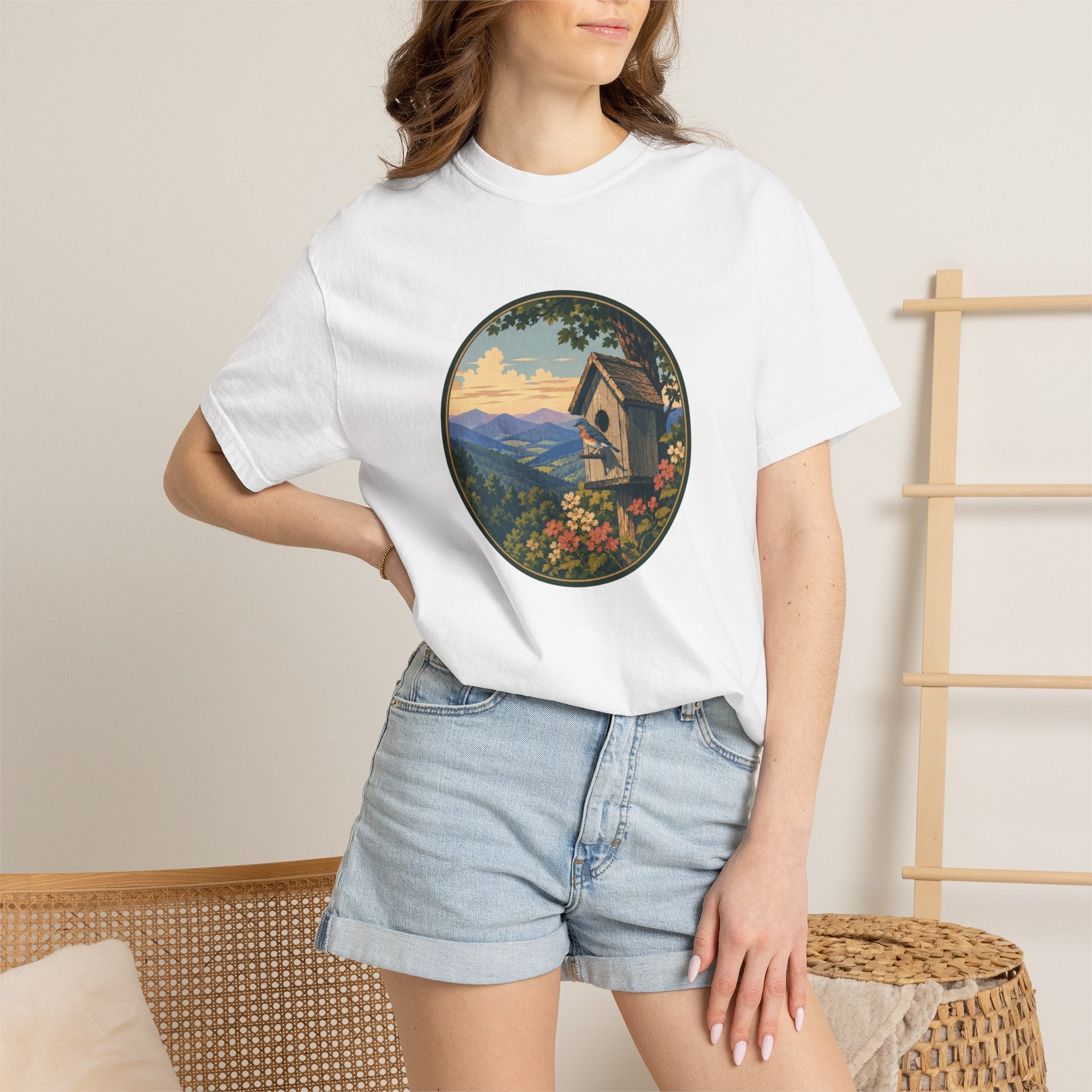 Scenic Birdhouse Tee — Mountain Sunrise Nature T-Shirt