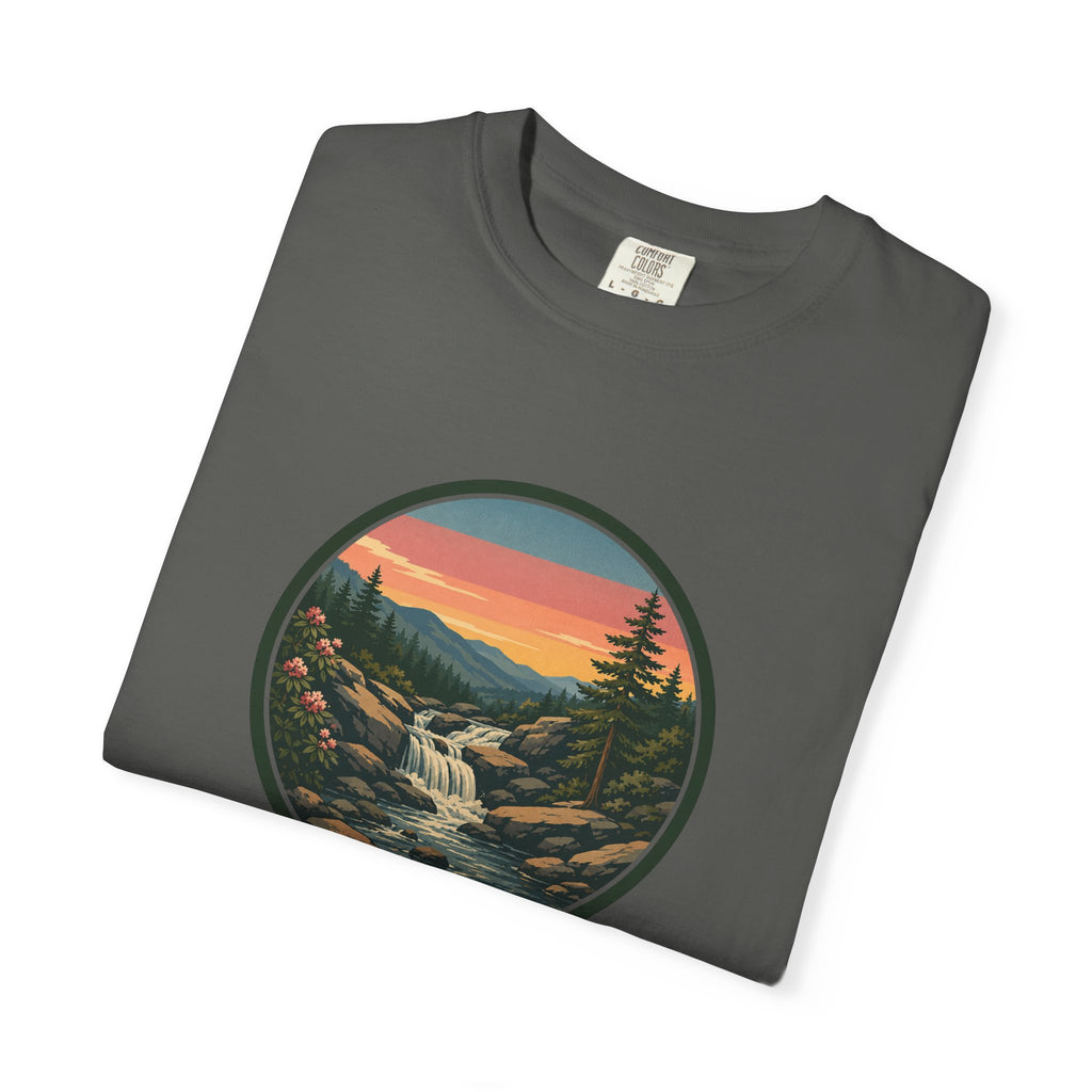 Scenic Waterfall T‑Shirt — Sunset Wilderness Nature Graphic