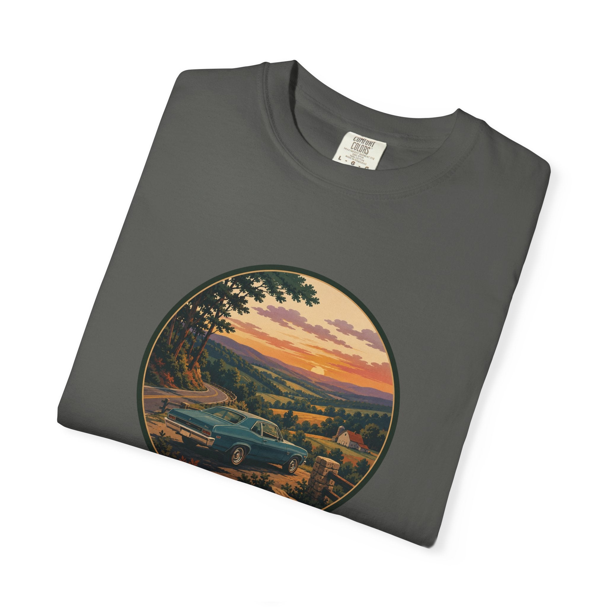 Sunset Valley Classic Car Landscape T-Shirt