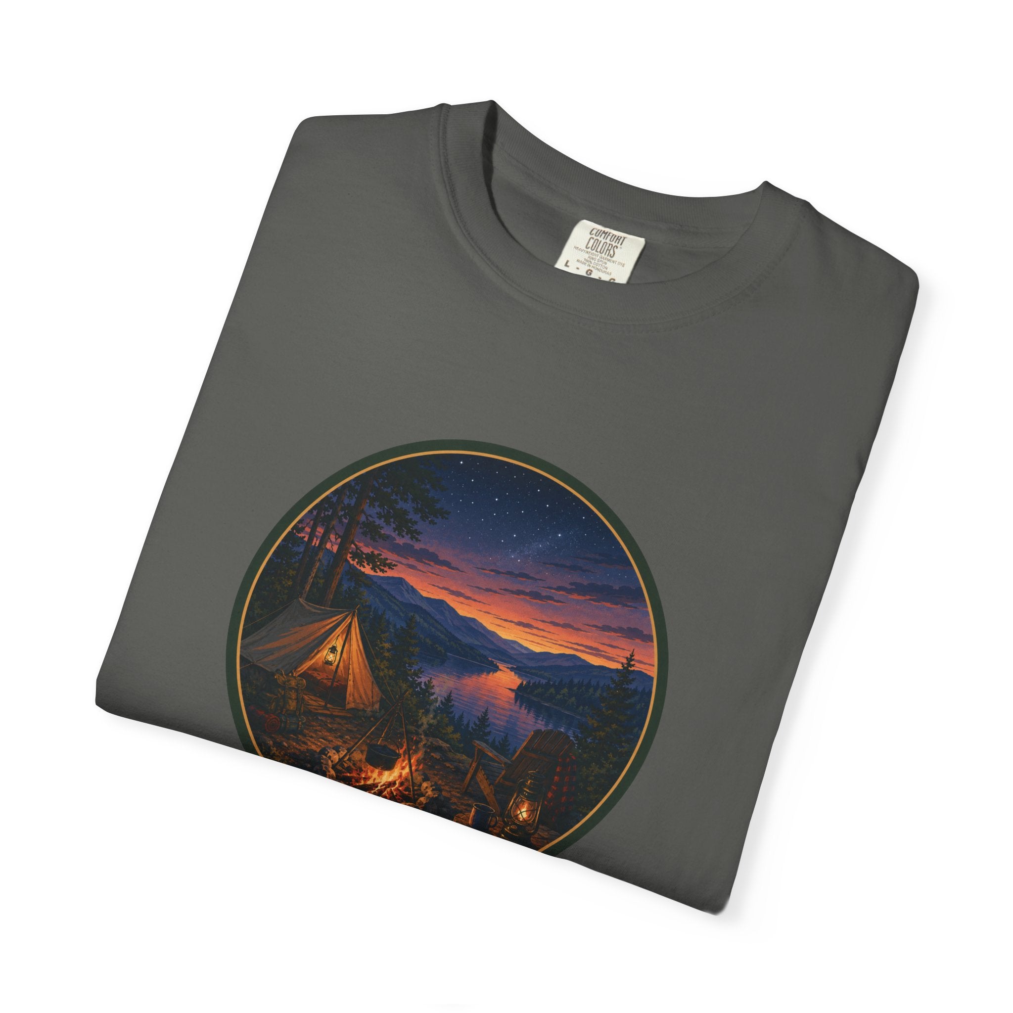 Camping Sunset T-Shirt — Riverside Campfire Night Scene