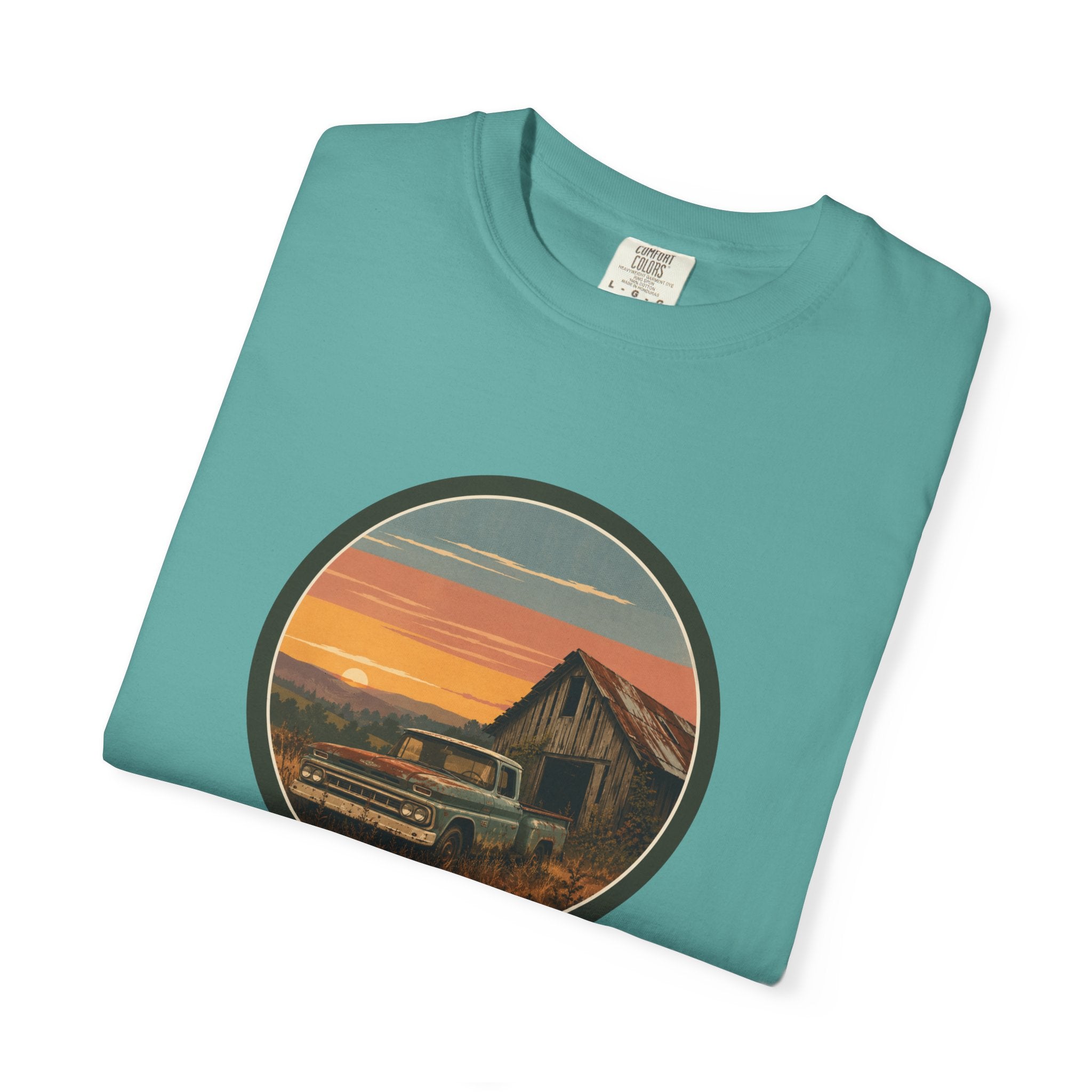 Vintage Sunset Barn T-Shirt — Retro Truck Farm Scene