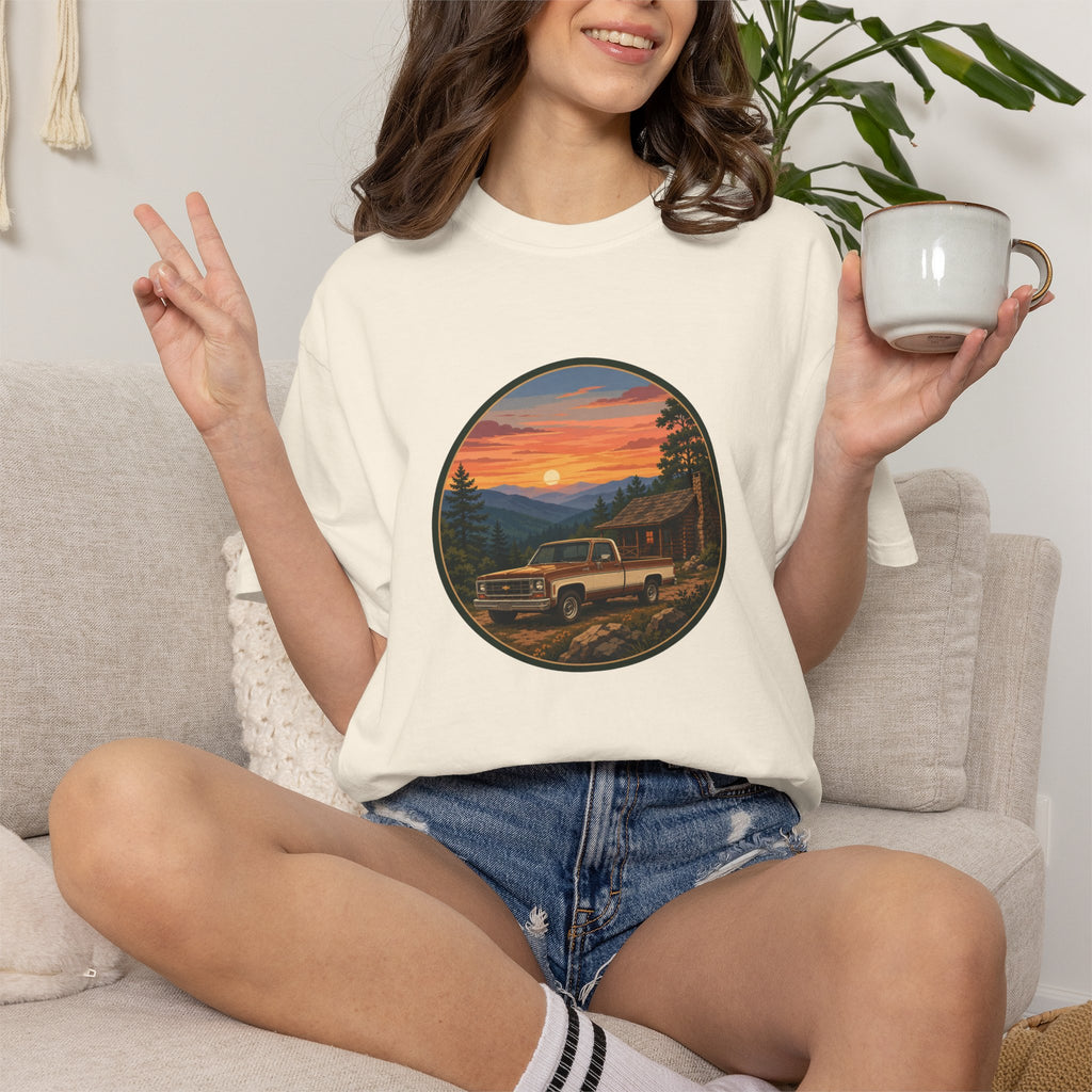 Sunset Cabin Truck T-Shirt — Vintage Classic Truck Tee