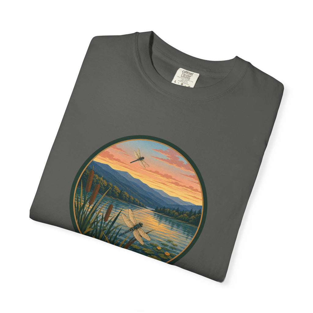Dragonfly Sunset Lake Scene T-Shirt — Scenic Mountain Nature Tee