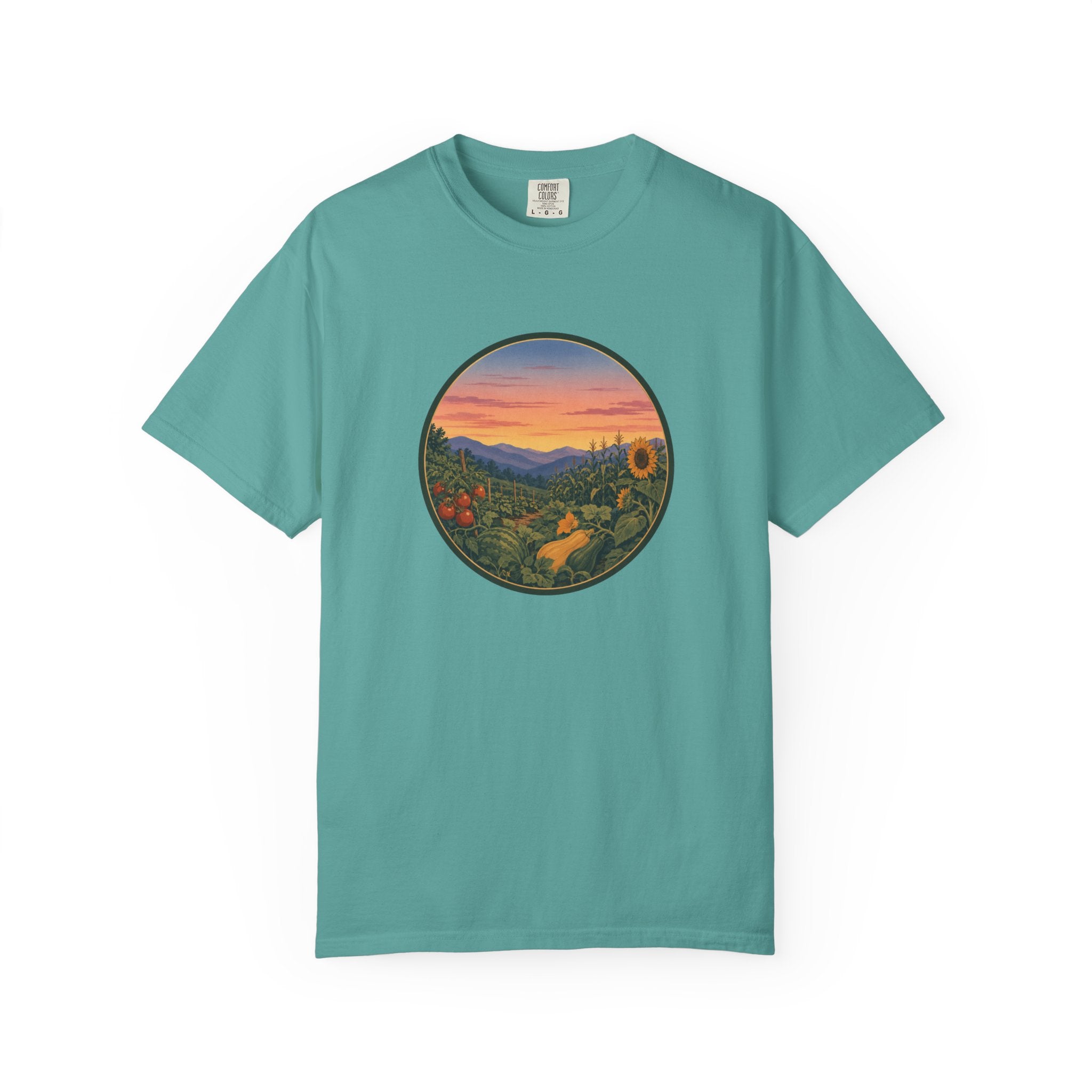 Sunset Mountain Garden T-Shirt — Scenic Fresh Vegetables Landscape Tee