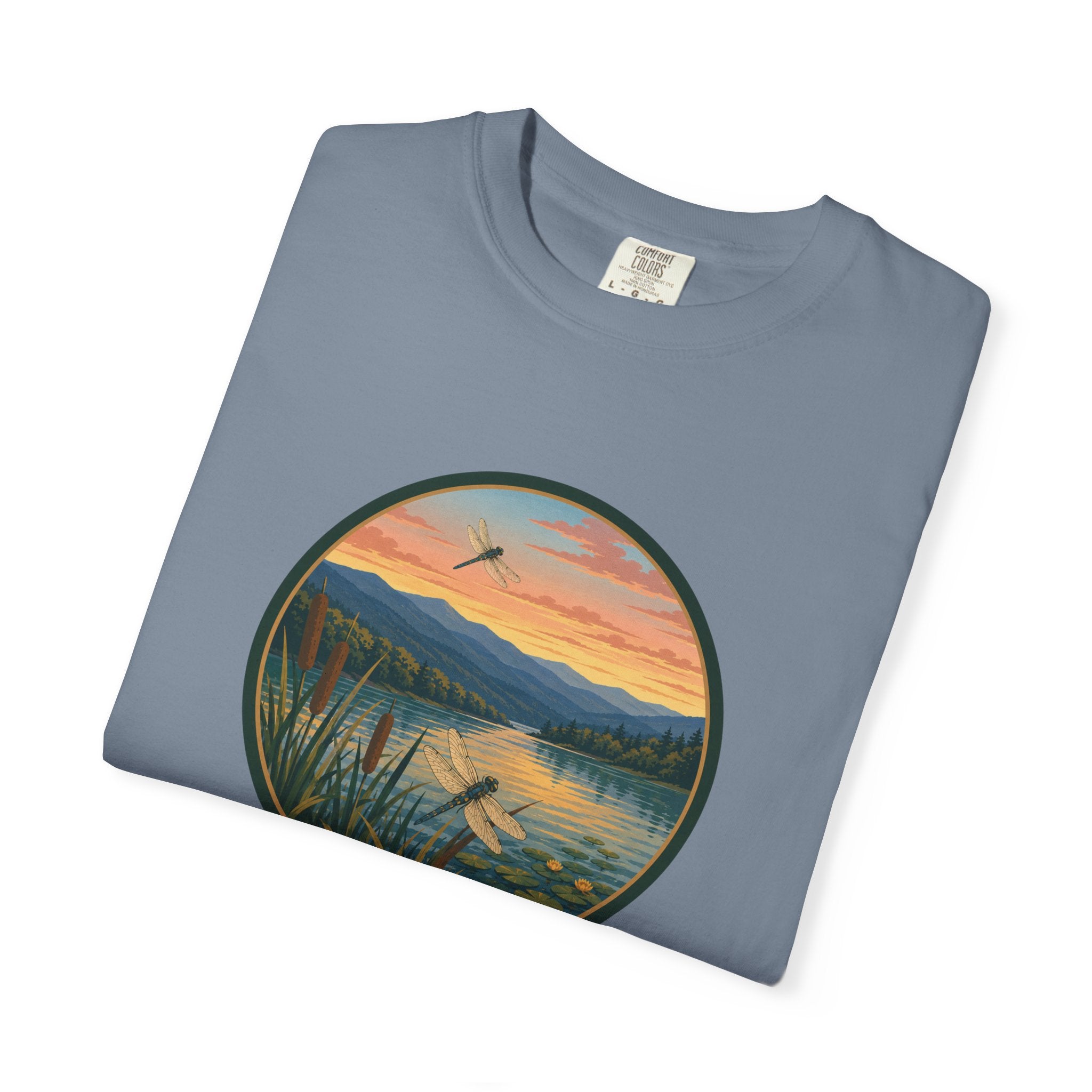 Dragonfly Sunset Lake Scene T-Shirt — Scenic Mountain Nature Tee