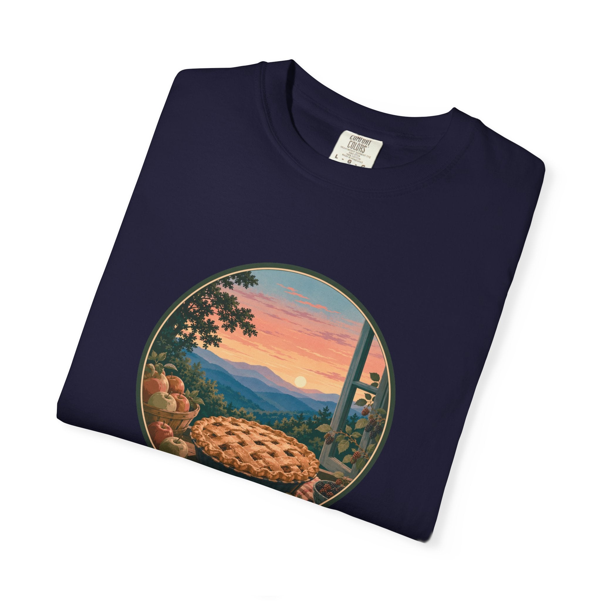 Scenic Pie Window T-Shirt — Sunset Mountain View Graphic Tee