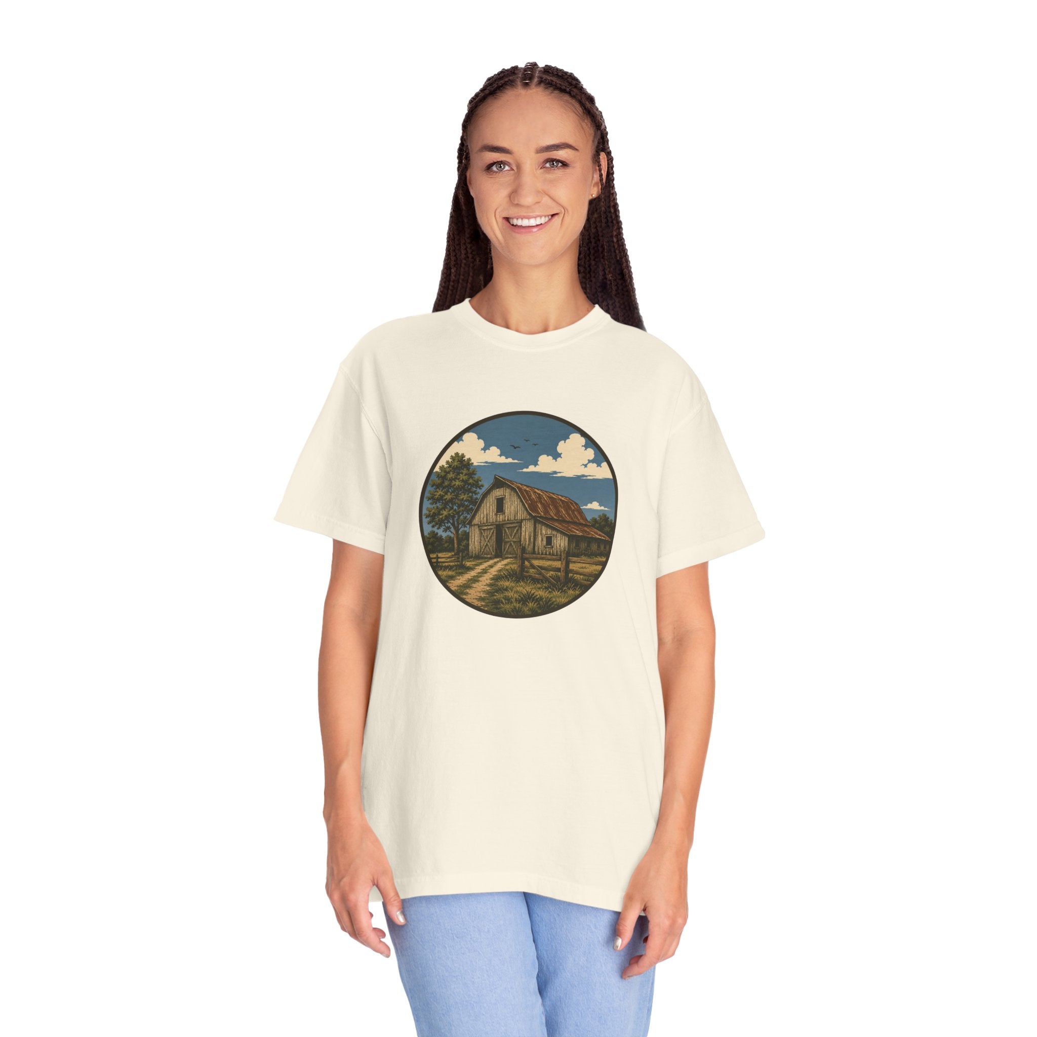 Barn Scene T-Shirt — Rustic Farmhouse Circle Graphic Tee
