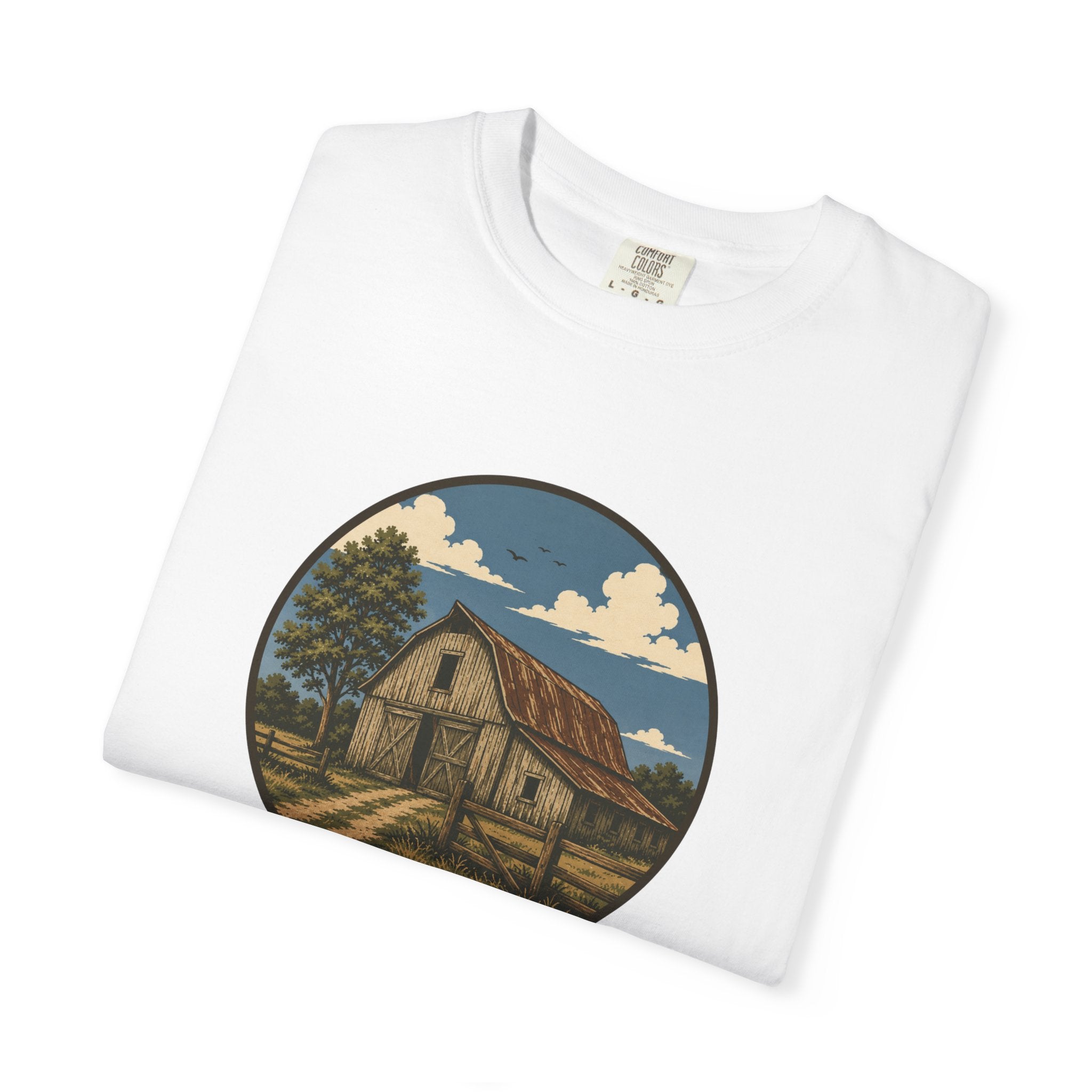 Barn Scene T-Shirt — Rustic Farmhouse Circle Graphic Tee