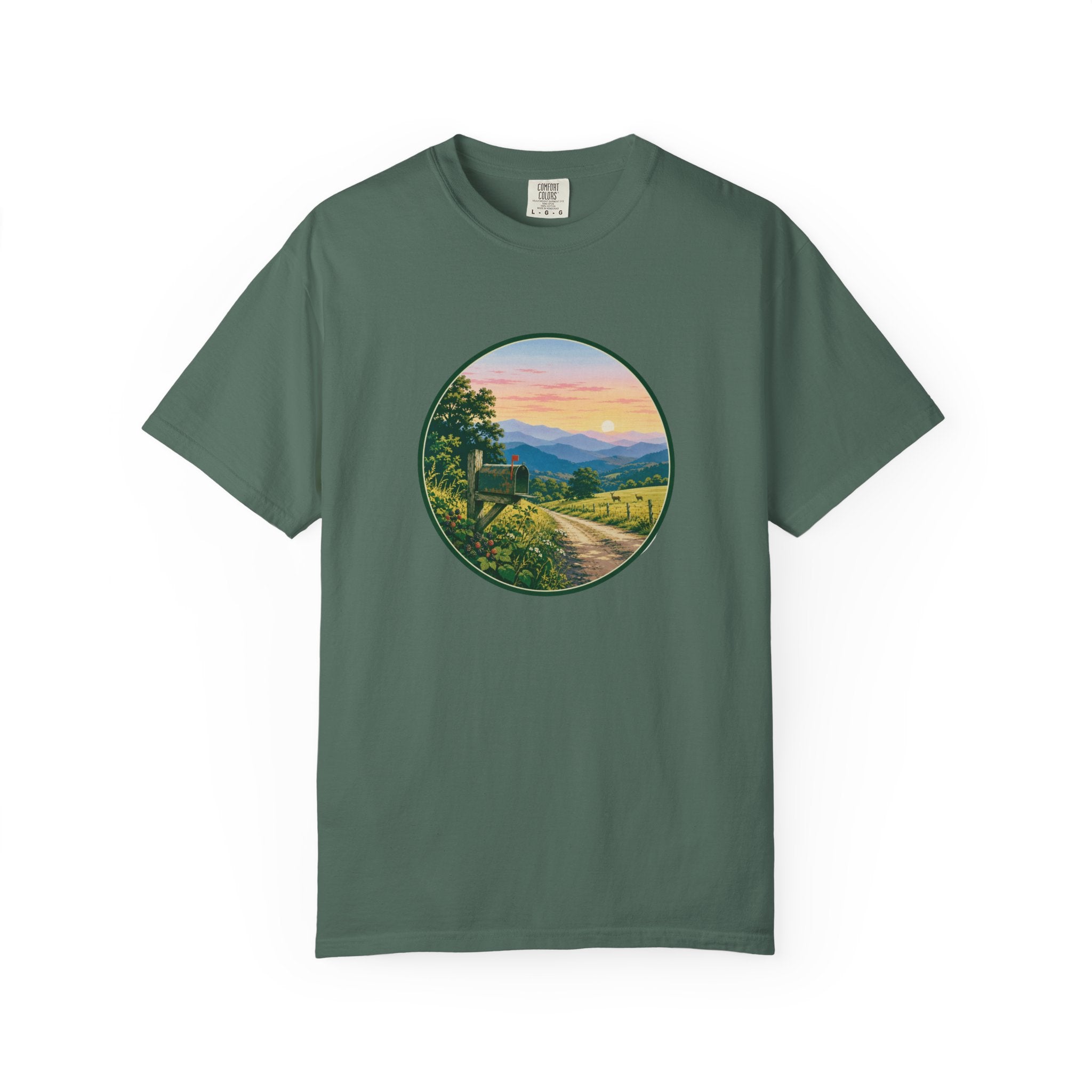 Scenic Backroad Sunset T-Shirt — Vintage Mailbox Circle Landscape Tee