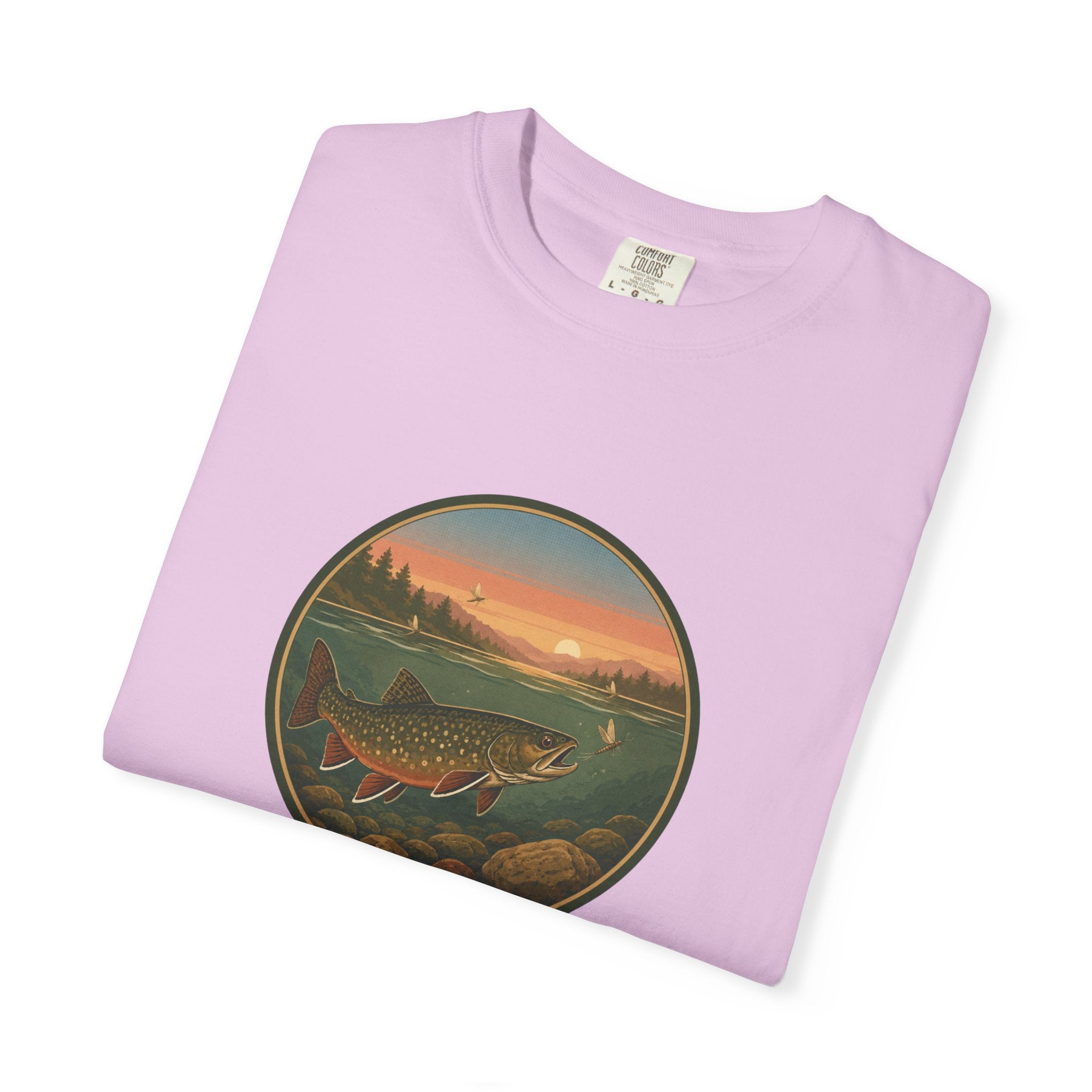 Brook Trout Sunset Fishing T-Shirt — Vintage River Scene Tee