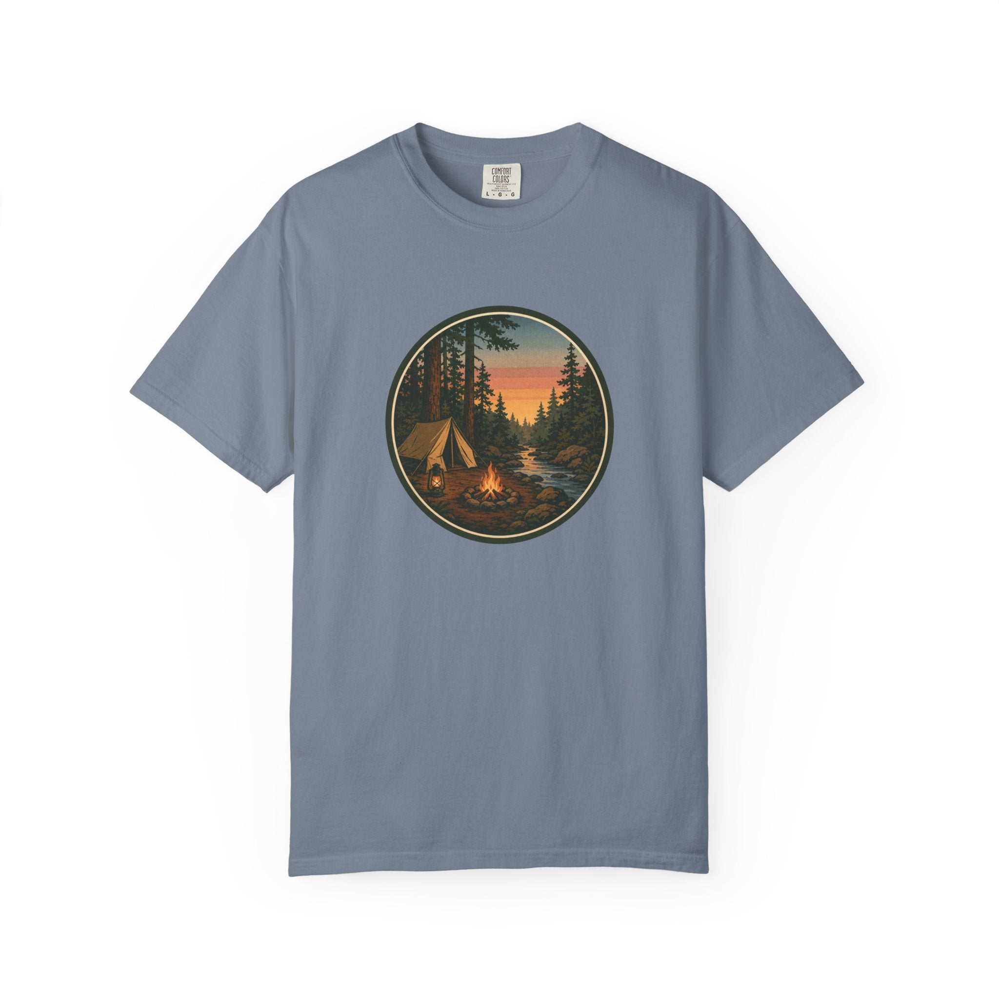 Camping Sunset T-Shirt — Vintage Tent & Campfire Graphic