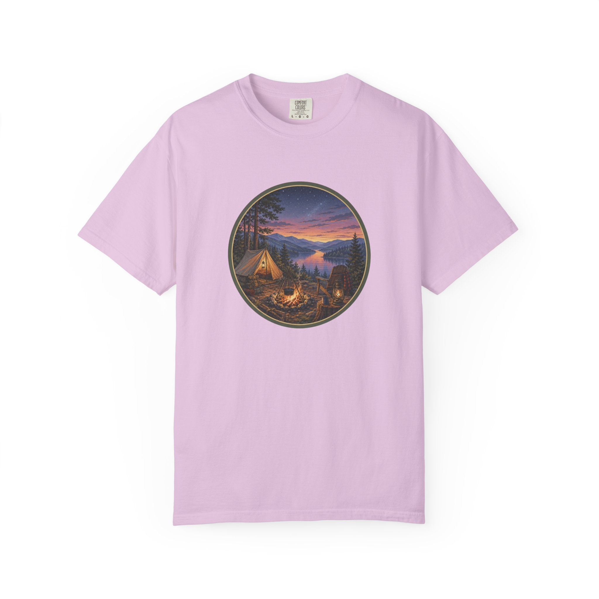 Camping Sunset T-Shirt — Riverside Campfire Night Scene