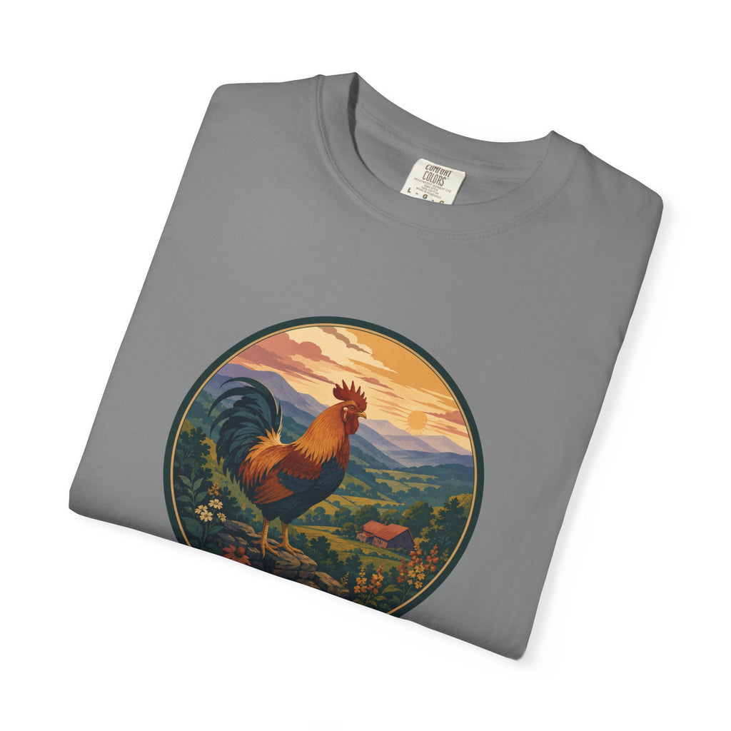 Blue Ridge Rooster Sunrise T-Shirt — Vintage Farm Scene Tee