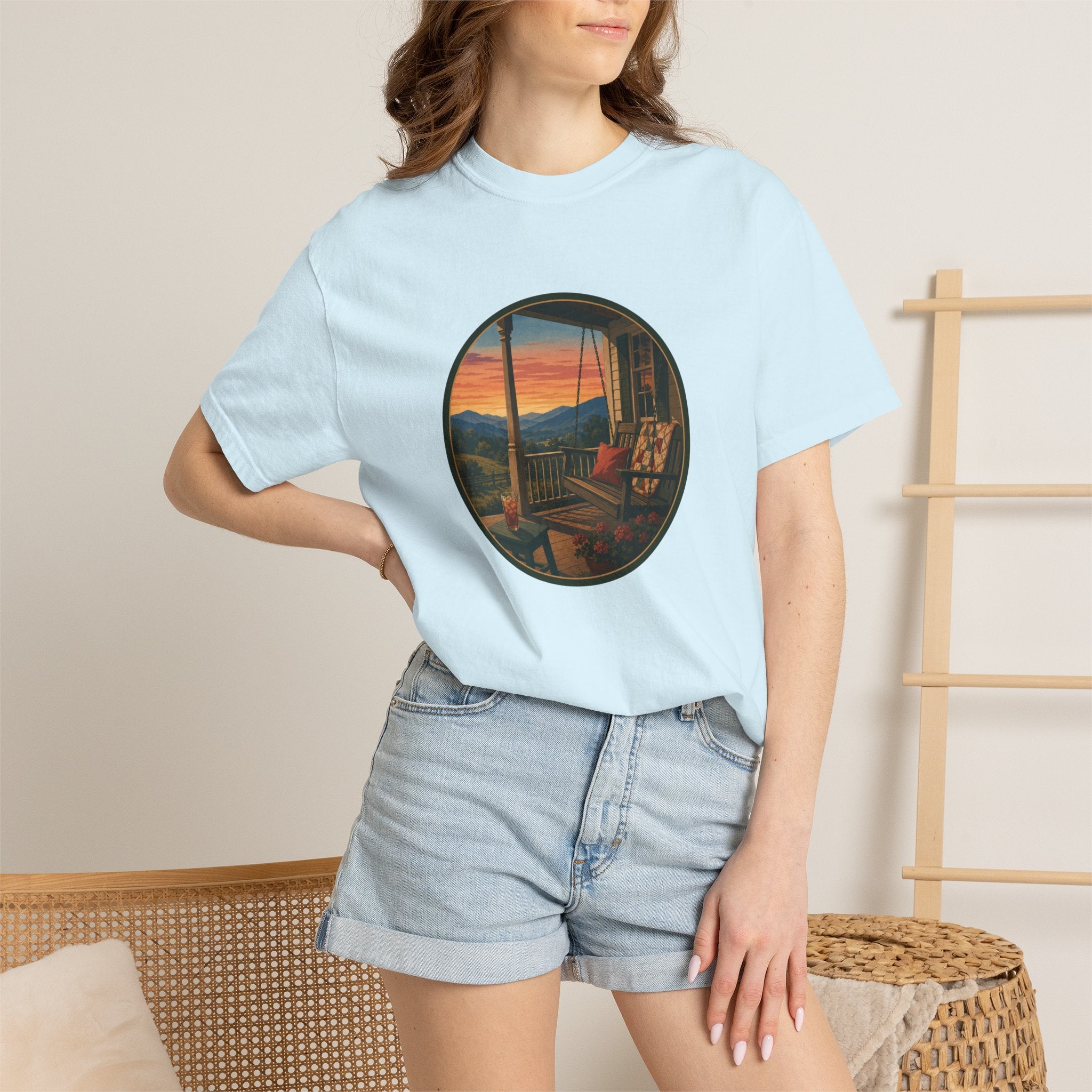 Sunset Porch Circle T-Shirt — Scenic Porch Swing Graphic Tee