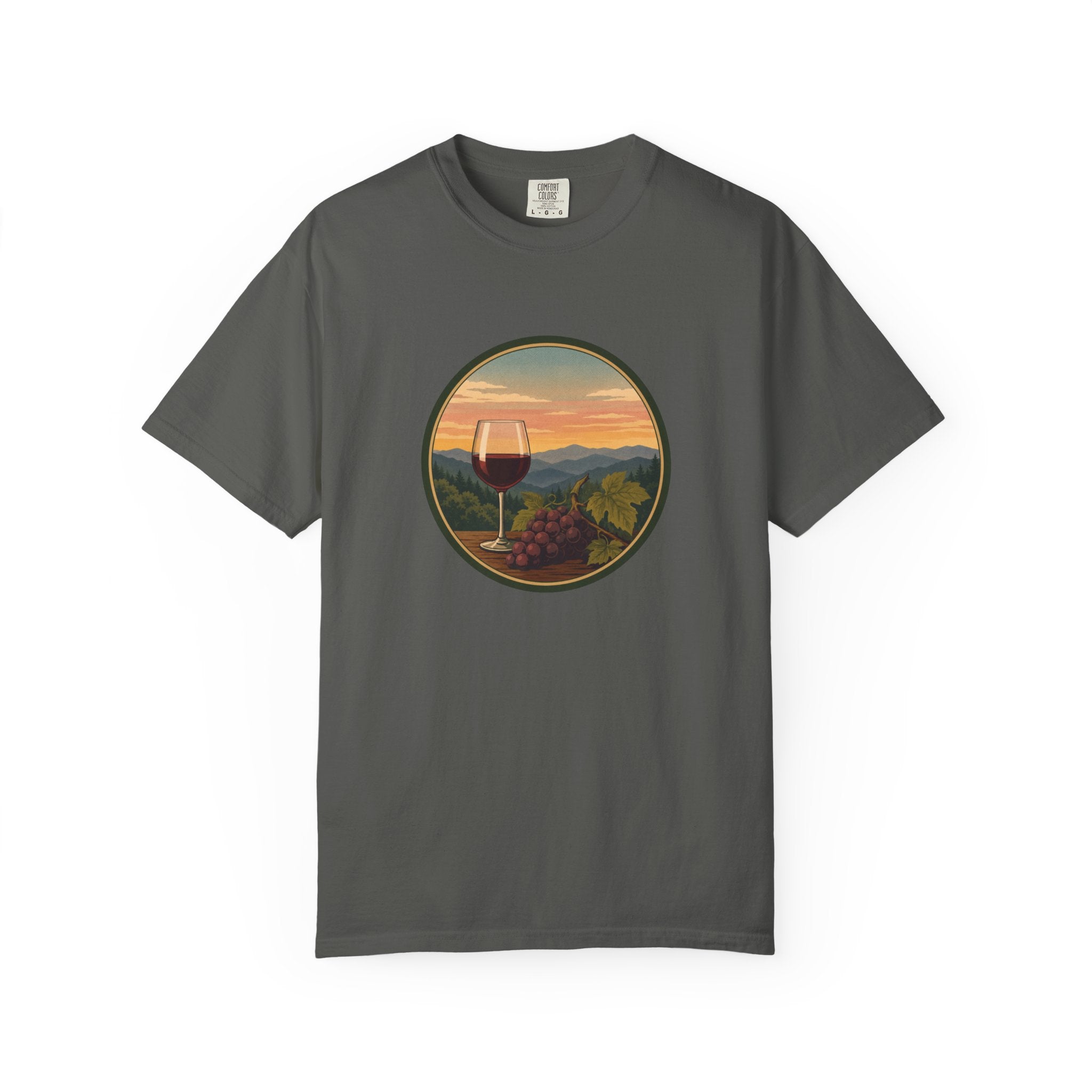 Wine Sunset T-Shirt — Vineyard Glass & Grapes Scenic Tee