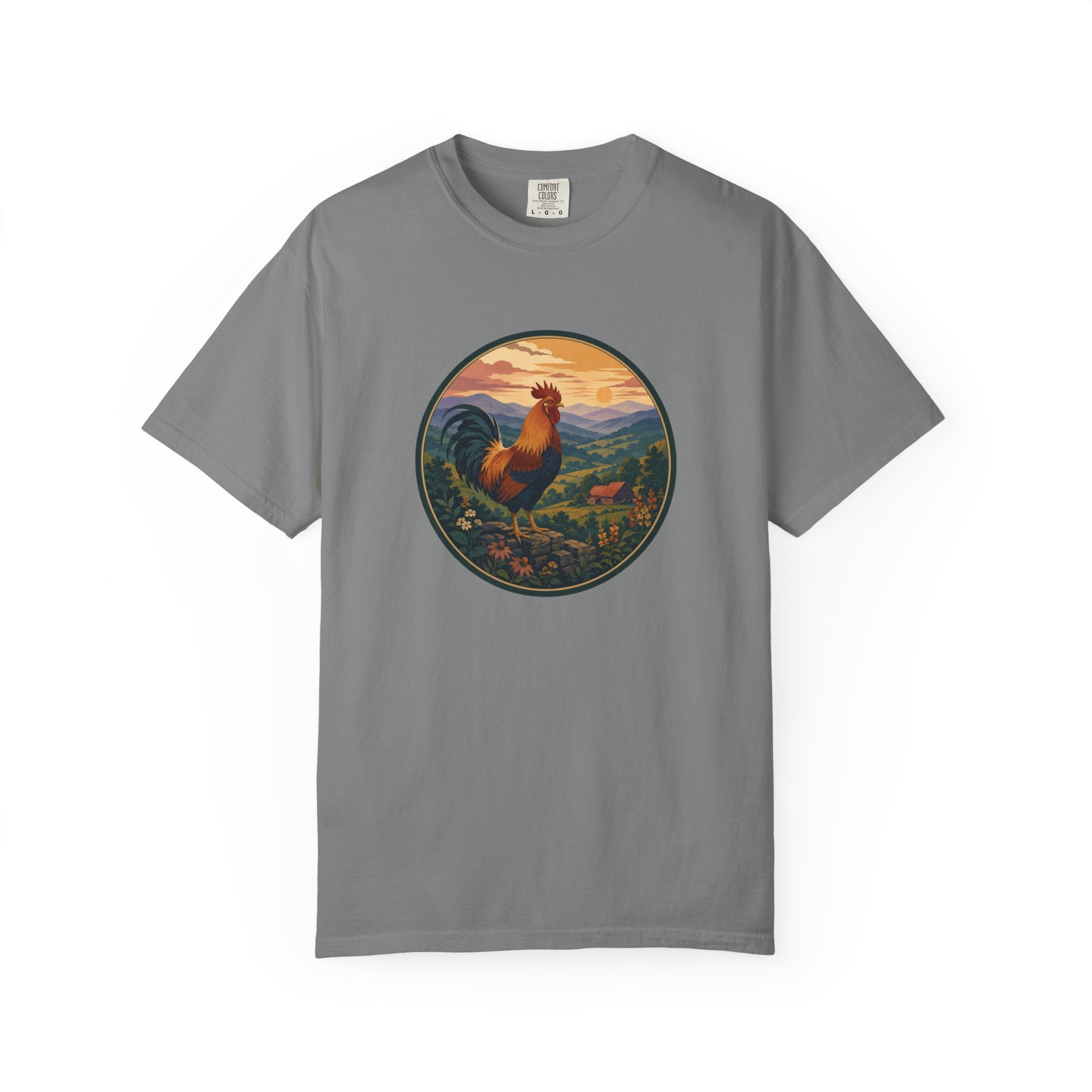 Blue Ridge Rooster Sunrise T-Shirt — Vintage Farm Scene Tee