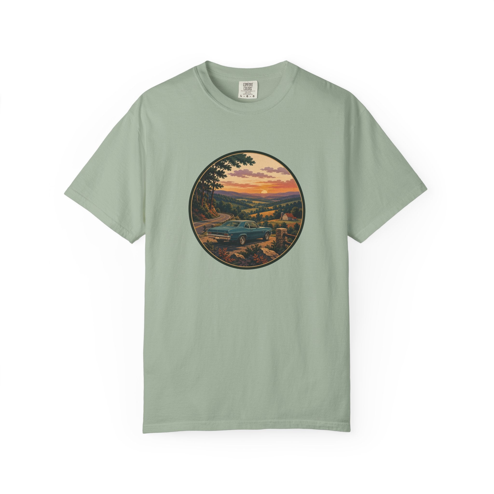 Sunset Valley Classic Car Landscape T-Shirt