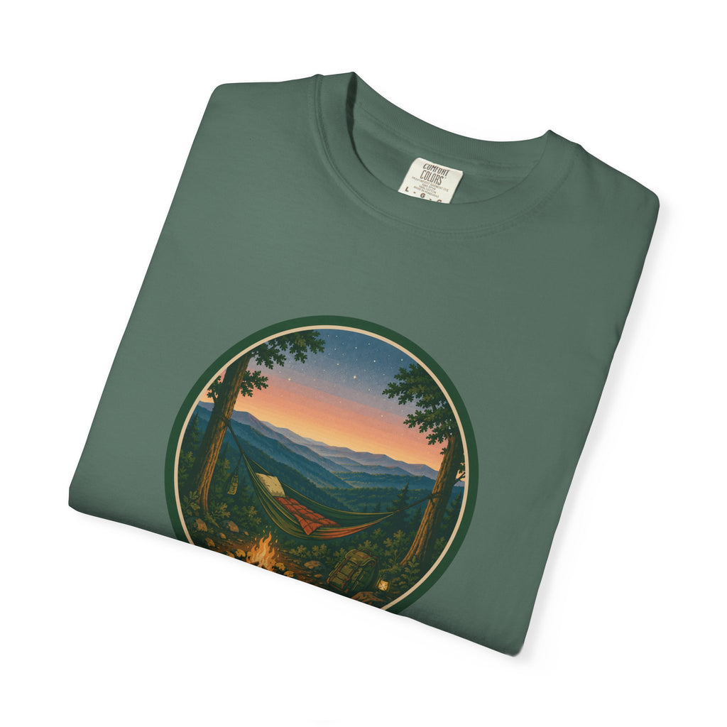 Campfire Mountain Sunset T-Shirt — Scenic Hiking Adventure Tee